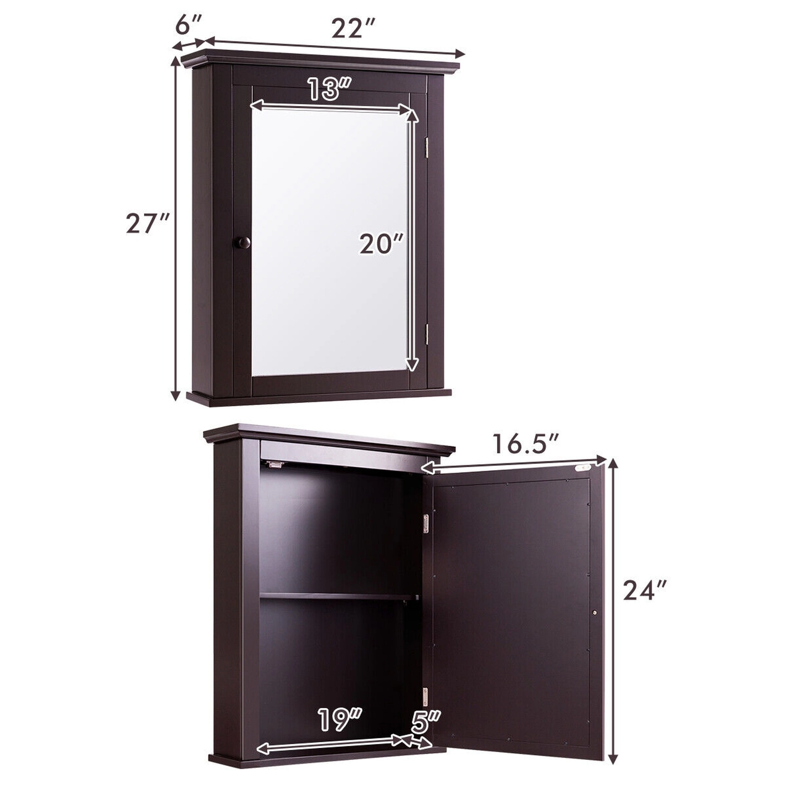SUGIFT Mirrored Door Retro Handle Adjustable Shelves MDF Bathroom Medicine Cabinet 22-in x 6-in x 27.5-in 11-lb Brown