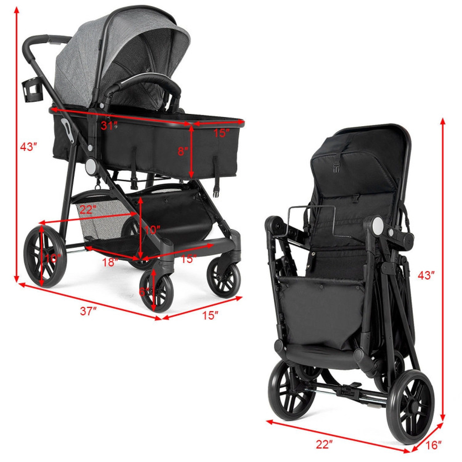 SUGIFT Gray 2-in-1 33-lb Capacity Foldable Baby Stroller Pushchair with Reversible Seat and Sleeping Cushion