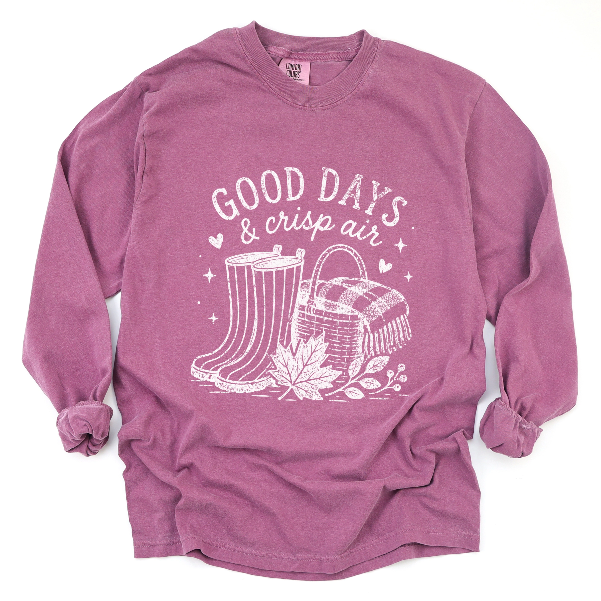 Simply Sage Market - Women's Garment Dyed Long Sleeve Graphic T-Shirt Good Days and Crisp Air
