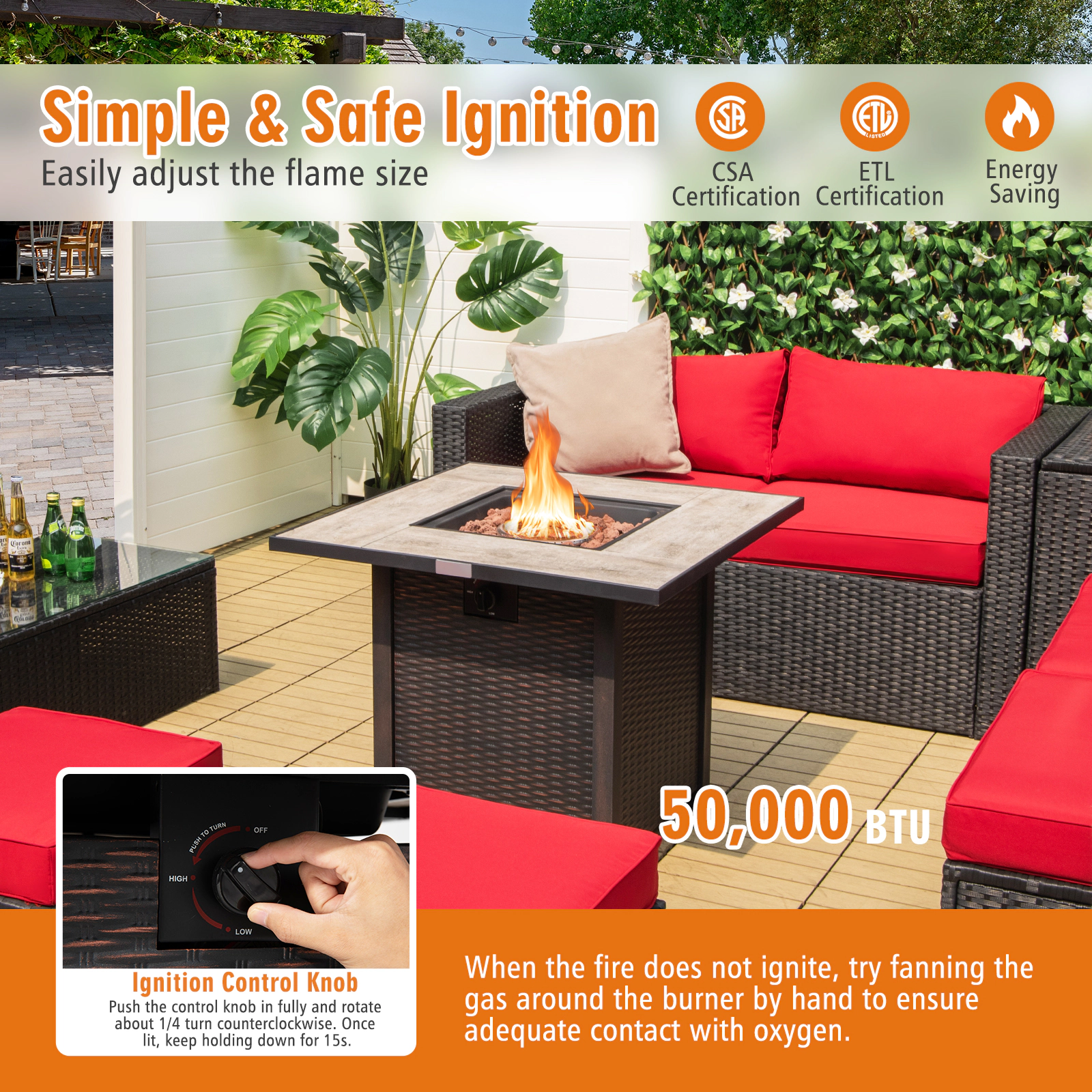 SUGIFT Square Brown Propane Gas Fire Pit Table with Ceramic Tabletop and Lava Rocks 30-in W 30-in D 25-in H