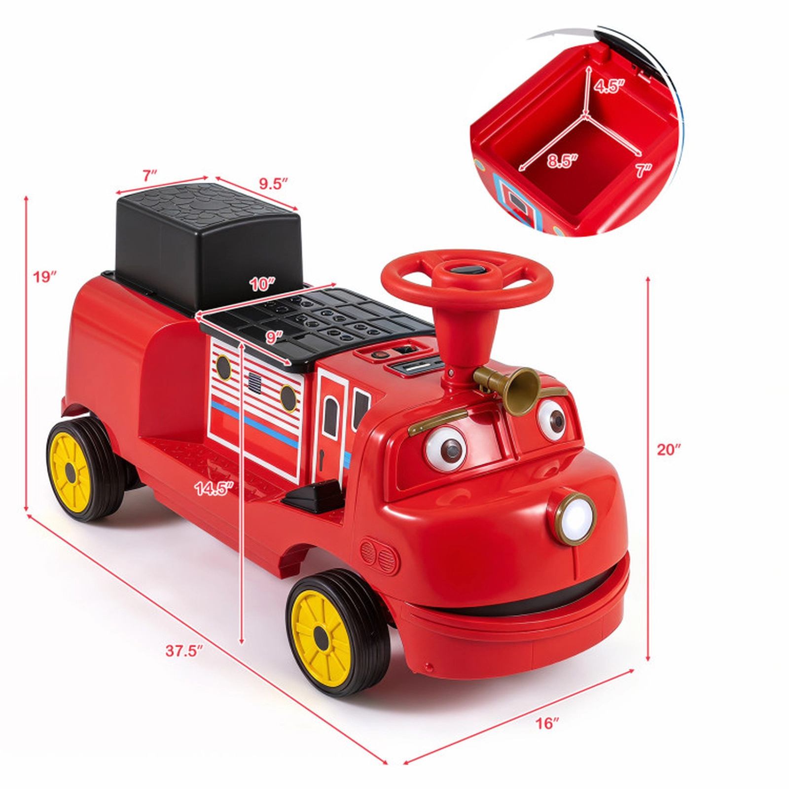 SUGIFT 12V Red Kids 2-Seater Ride-On Train with Adjustable Seat Music and Hidden Storage 135-lb Total Rider Capacity