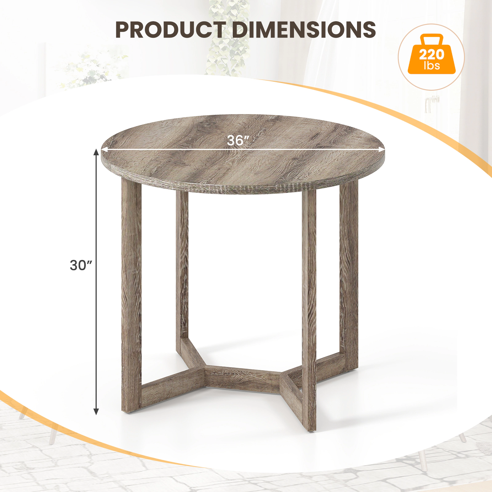 SUGIFT 36-in Grey Round Wood Dining Table for 2 to 4 People, Pedestal Base