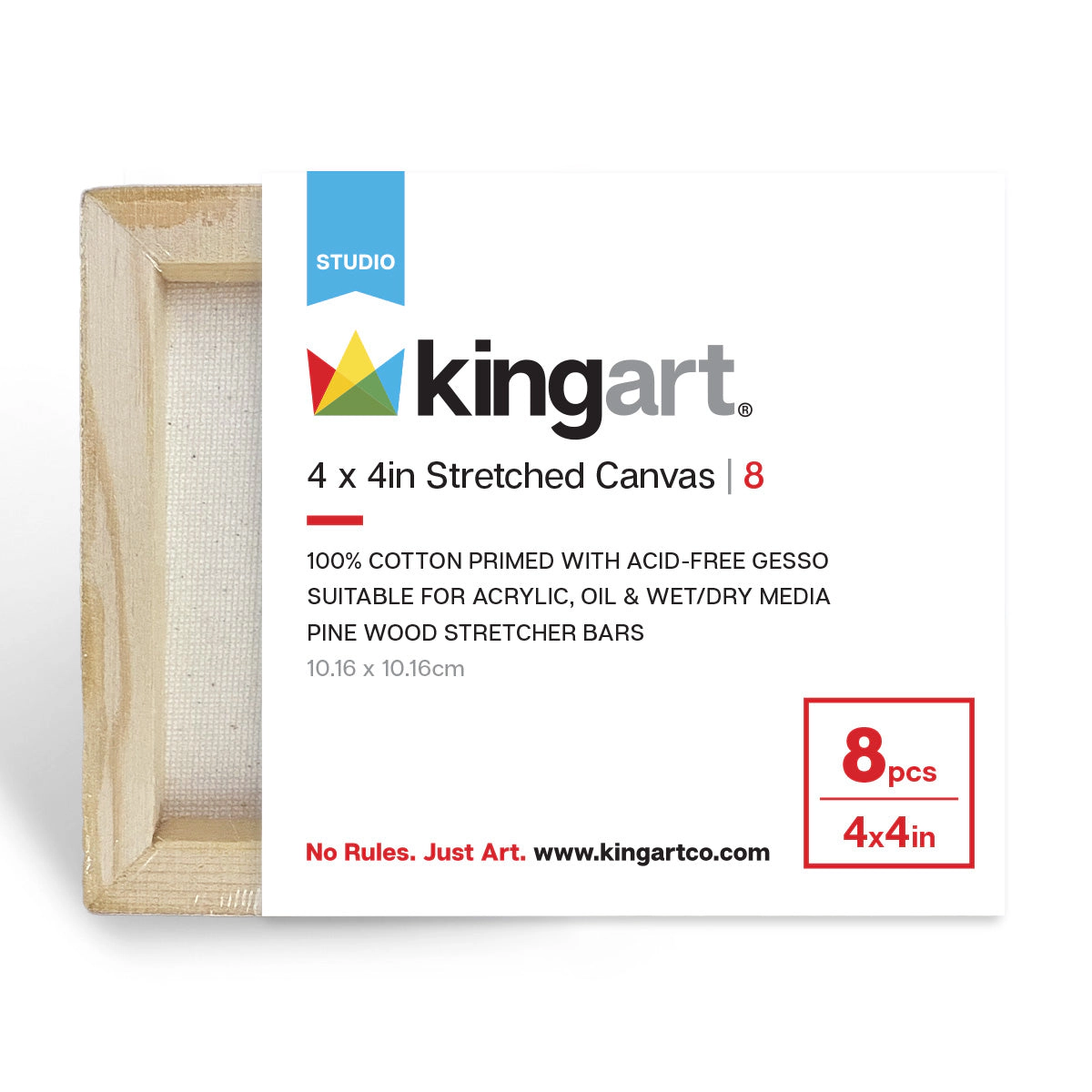 KINGART Stretched White Canvas 4" x 4" - 8 Pack - 100% Cotton, Pre-Primed