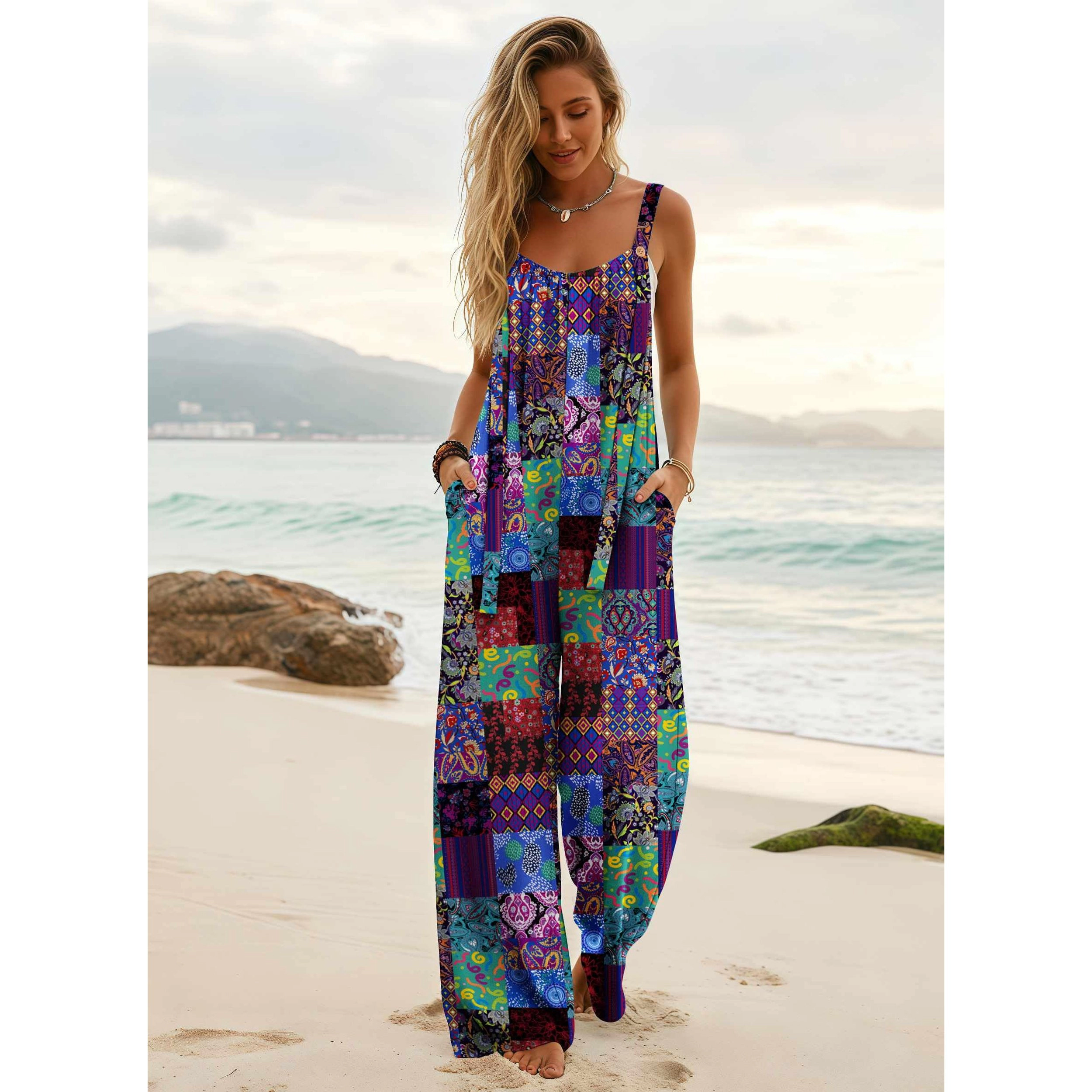 Ekouaer Women's Sleeveless Square Neck Printed Wide Leg Jumpsuit