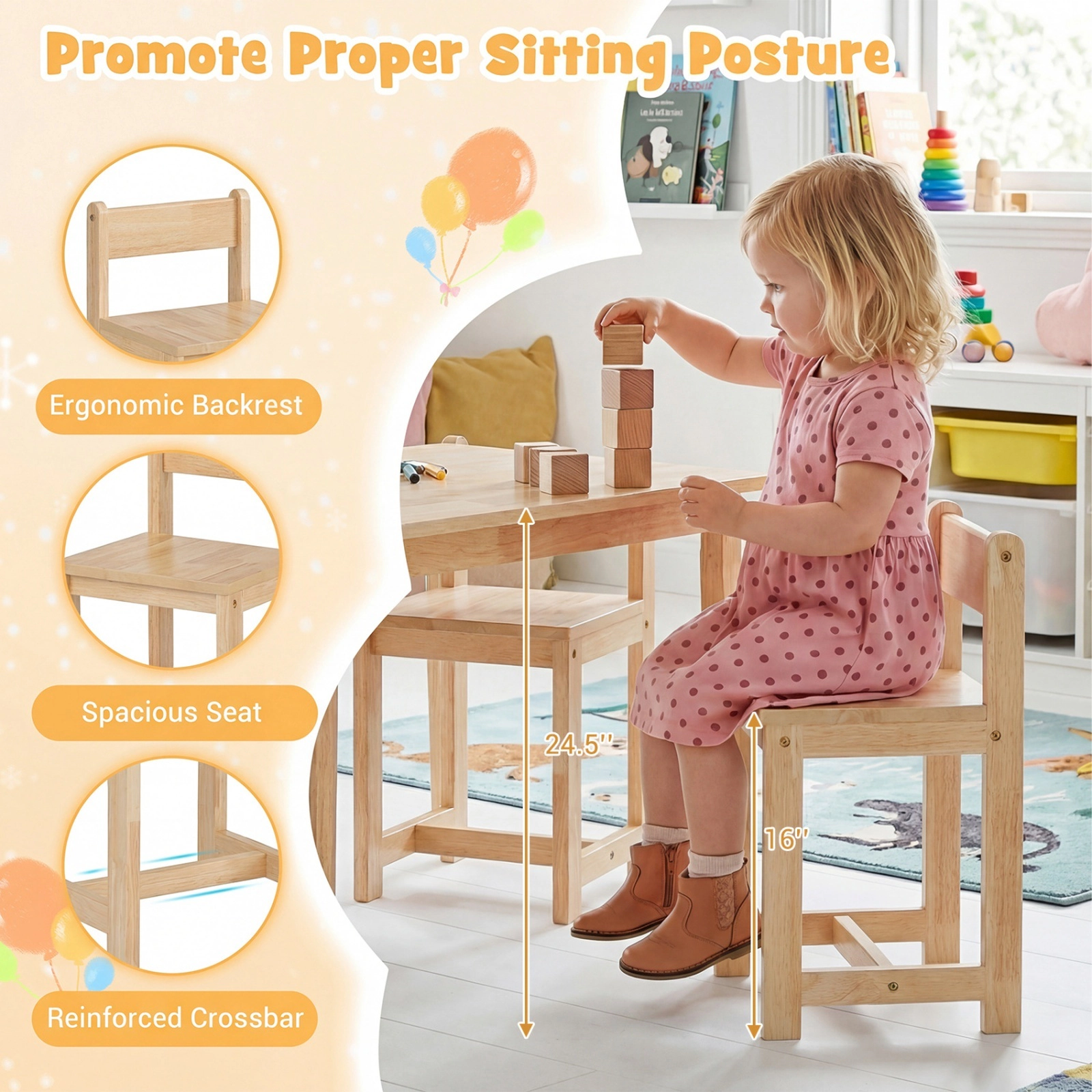 SUGIFT Kids Table and 4 Chairs Set, Natural Rubber Wood, 31.5-in Tabletop, 16-in Seats