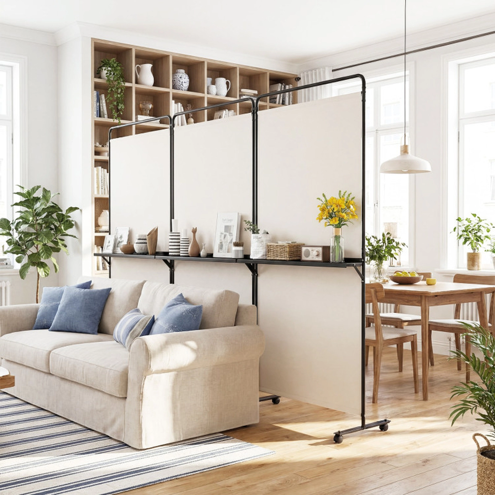 SUGIFT 3-Panel Room Divider with Shelves 74-in Tall Folding Privacy Screen with Lockable Wheels White