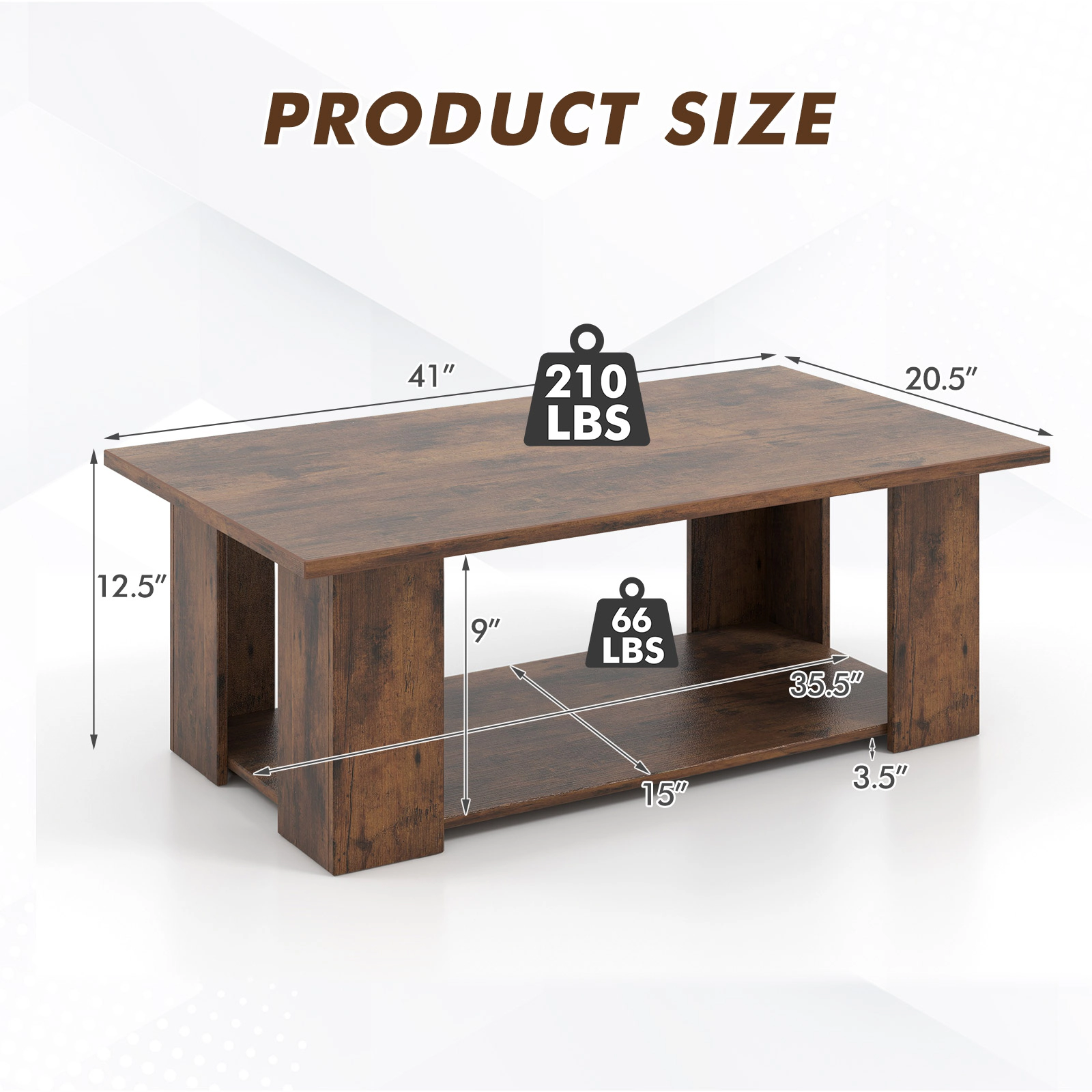 SUGIFT 41-in 210-lb Capacity 2-Tier Wooden Modern Coffee Table with Open Storage Shelf and Support Legs