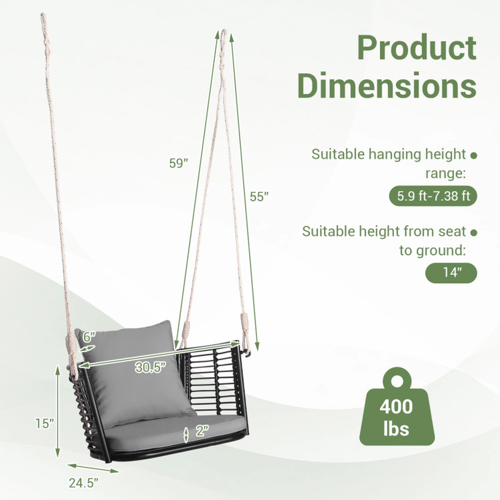 SUGIFT Gray Woven Rattan Backrest and Cushions Single Person Hanging Swing Seat