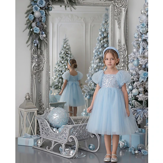 2Bunnies Girls’ Sequin Embellished Puff Sleeve Tulle Princess Party Dress