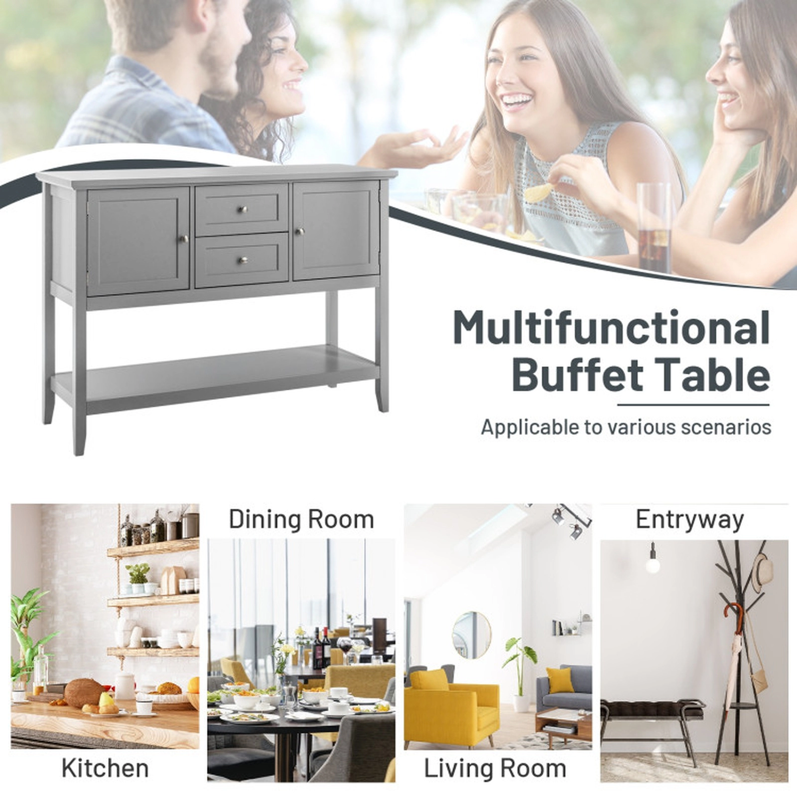 SUGIFT 46-in 220-lb Capacity Gray Wooden Sideboard Buffet Console Table with 2 Cabinets and 2 Drawers