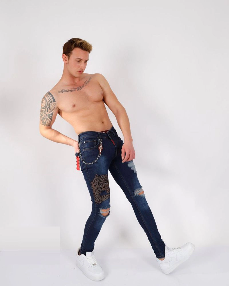 Elie Balleh Men's leopard patch skinny distressed jeans