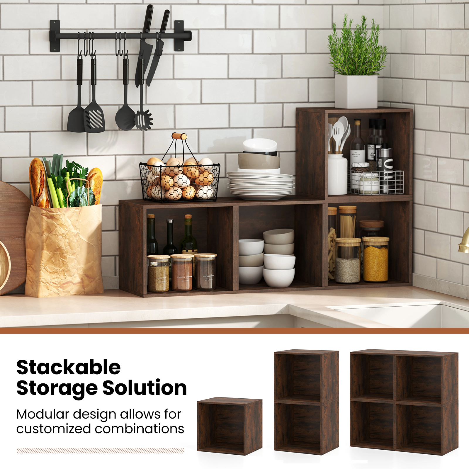 SUGIFT Modular Stackable Cube Storage Organizer Open Book Shelf 55-lb Capacity Rustic Brown