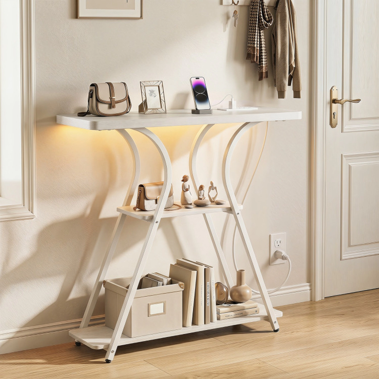 SUGIFT 3 Tier Engineered Wood Metal Frame LED USB C Charging Console Table In Oak & White
