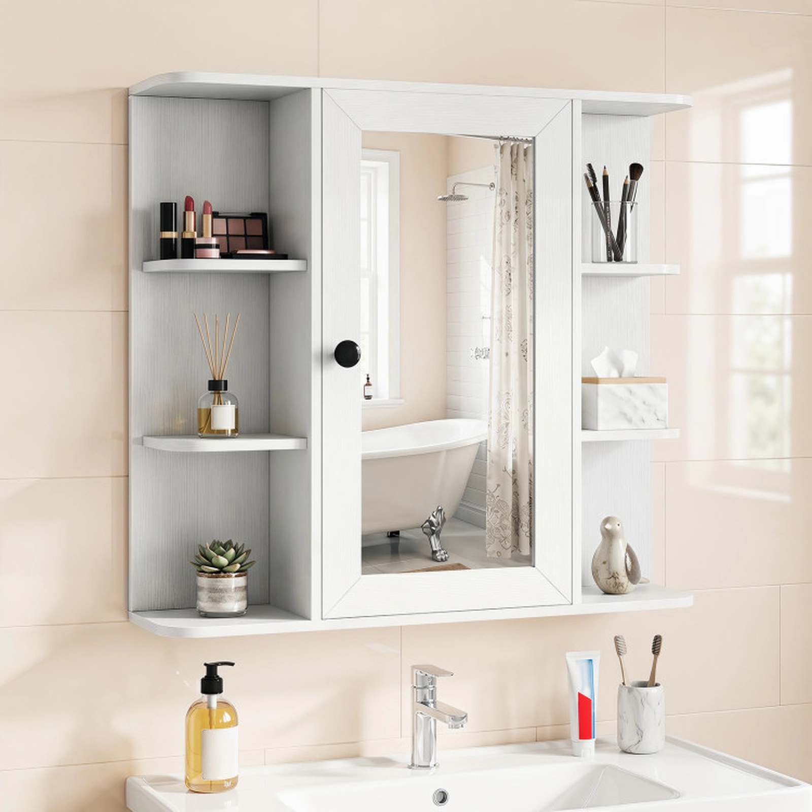 SUGIFT Mirror Door 3 Compartments 6 Open Shelves Bathroom Medicine Cabinet 26-in x 6.5-in x 25-in 120-lb White