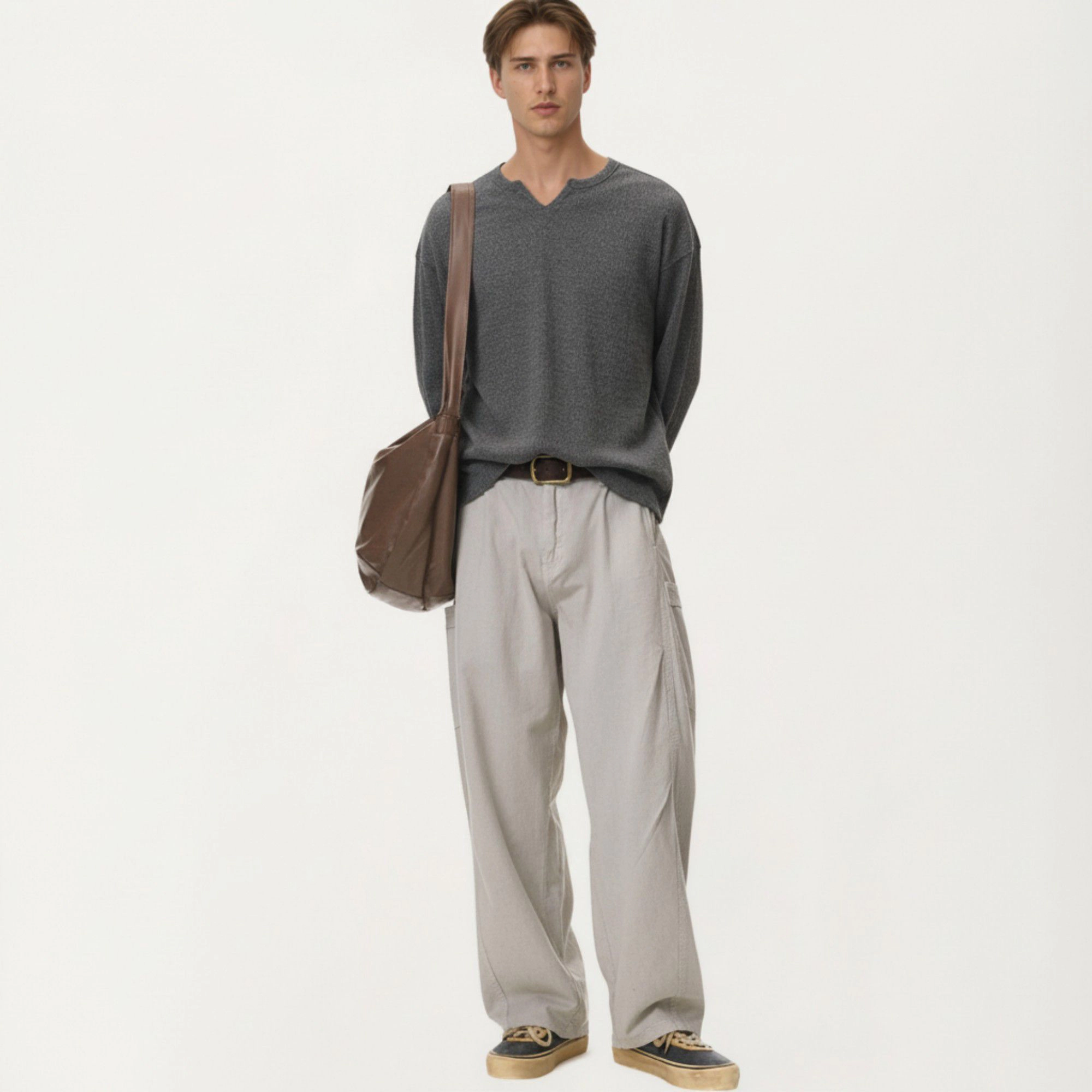 Anna-Kaci Men's Long Sleeve Pullover Top with Layered Notch Neckline and Relaxed Fit