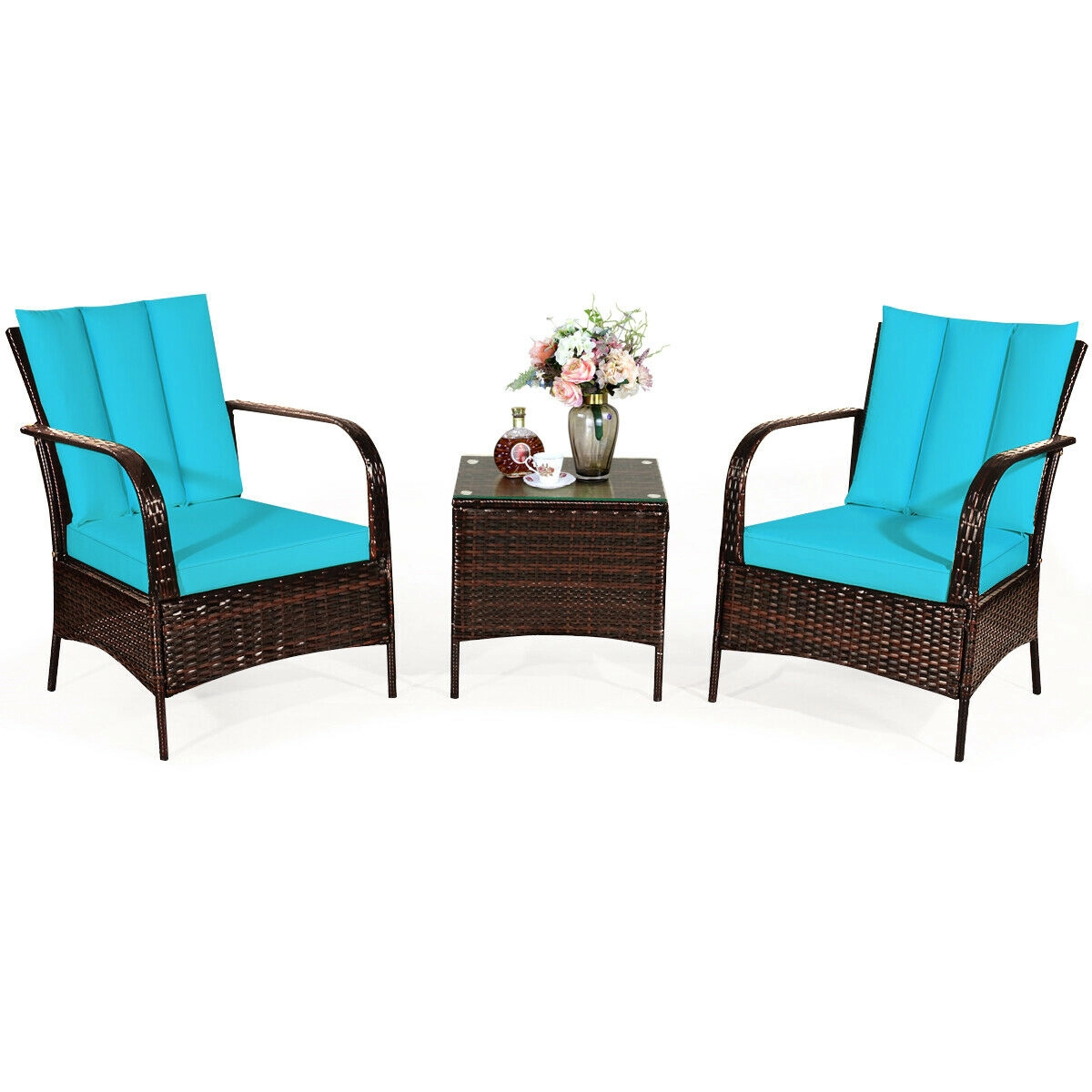SUGIFT Patio Rattan Conversation Set with Glass Top Coffee Table 360-lb Chair Capacity with Cushions Turquoise