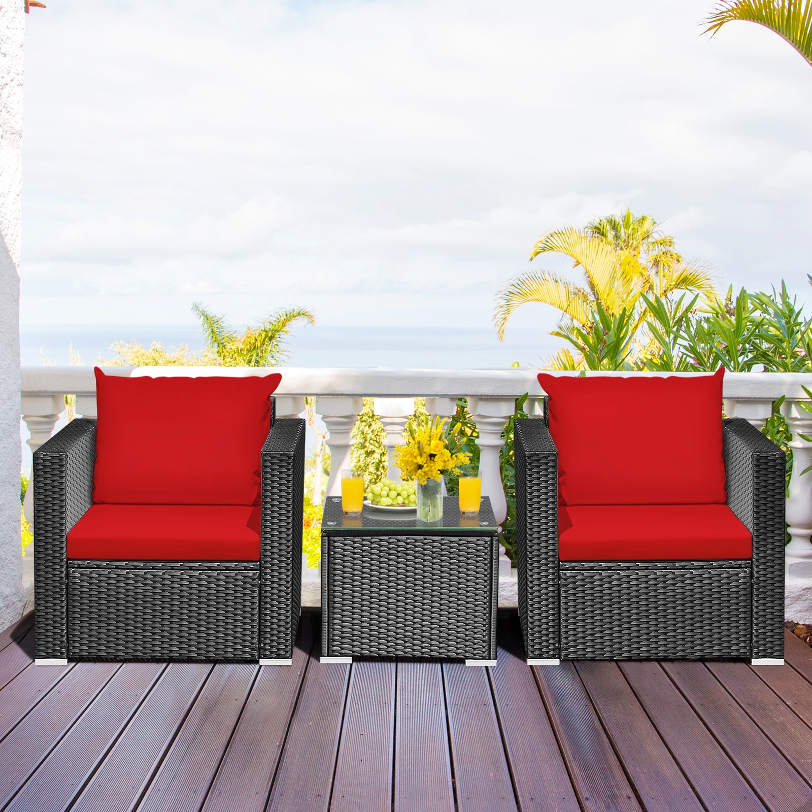 SUGIFT Patio Wicker Conversation Set with Cushions 400-lb Sofa Capacity Red Black Rattan