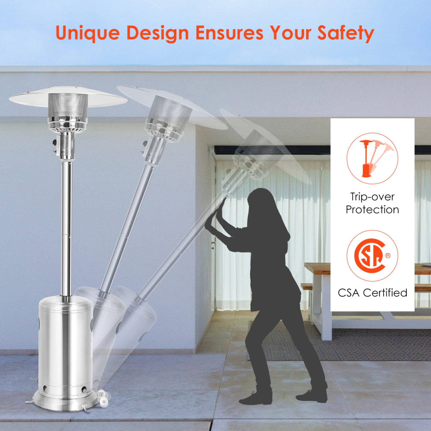 LJG 50000 BTU Stainless Steel Propane Patio Heater with Trip Over Protection