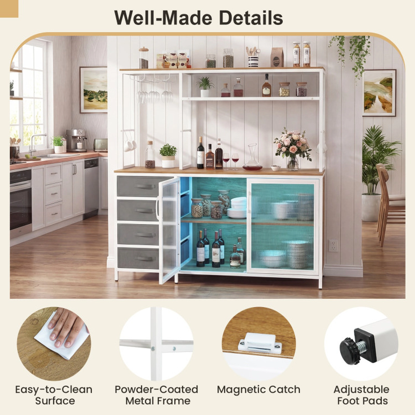 SUGIFT LED-Lit Sideboard Buffet Cabinet with Power Outlets 88-lb Tabletop Capacity Rustic Brown + Black/Natural + White