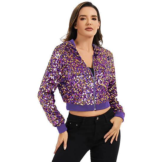 Anna-Kaci Women's Sequin Zip-Up Hooded Jacket with Ribbed Hem and Long Sleeves