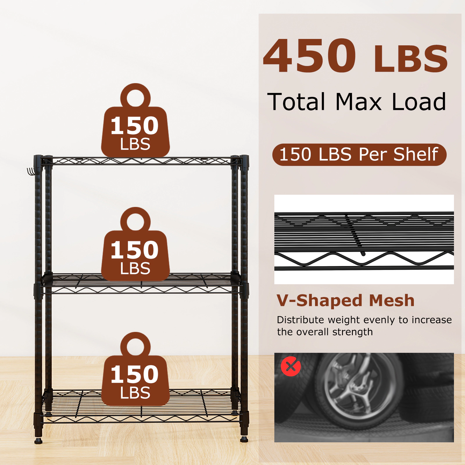 SUGIFT 3-Tier 450-lb Capacity Metal Storage Shelving Unit with V-Shaped Wire Rack and 4 Removable Hooks
