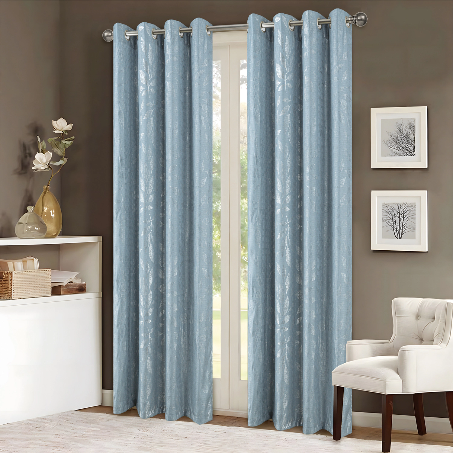 RT Designers Collection Bexley Foil Jacquard Polyester Window Curtain Grommet Panel 52" x 84" Wedgewood