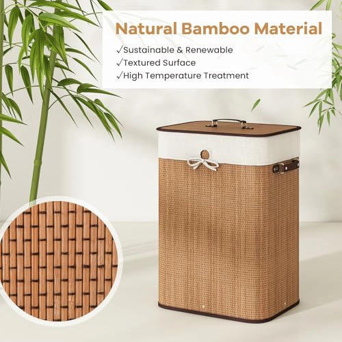 Glintex 19-Gallon Bamboo Clothes Hamper with Reinforced Base and Lidded Top, Natural