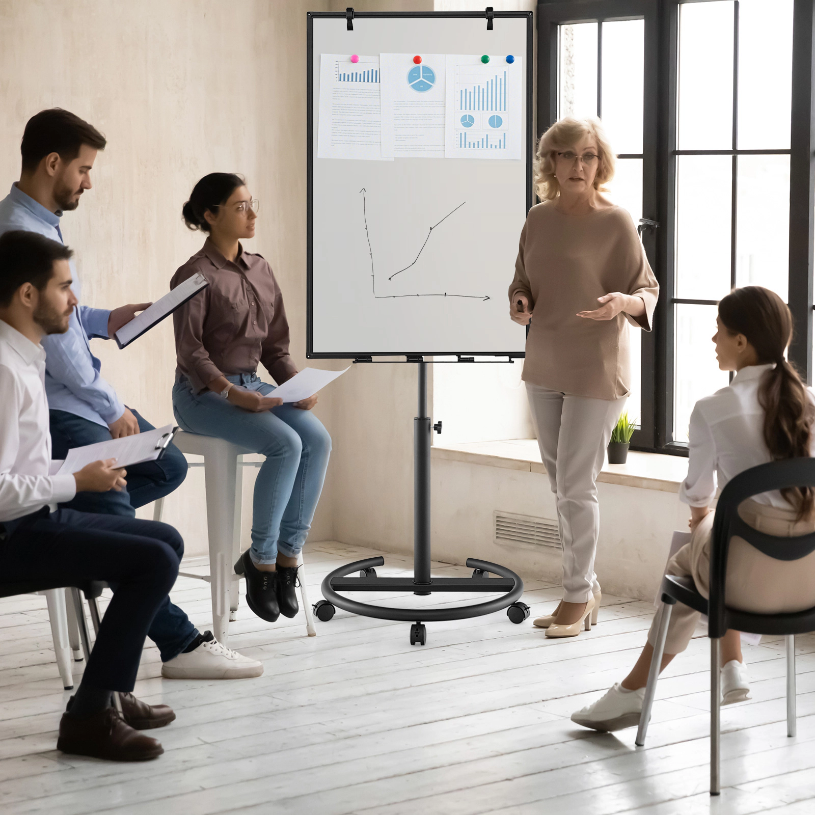 SUGIFT Height-Adjustable Mobile Whiteboard with Round Stand Magnetic Dry Erase Board Black Green White