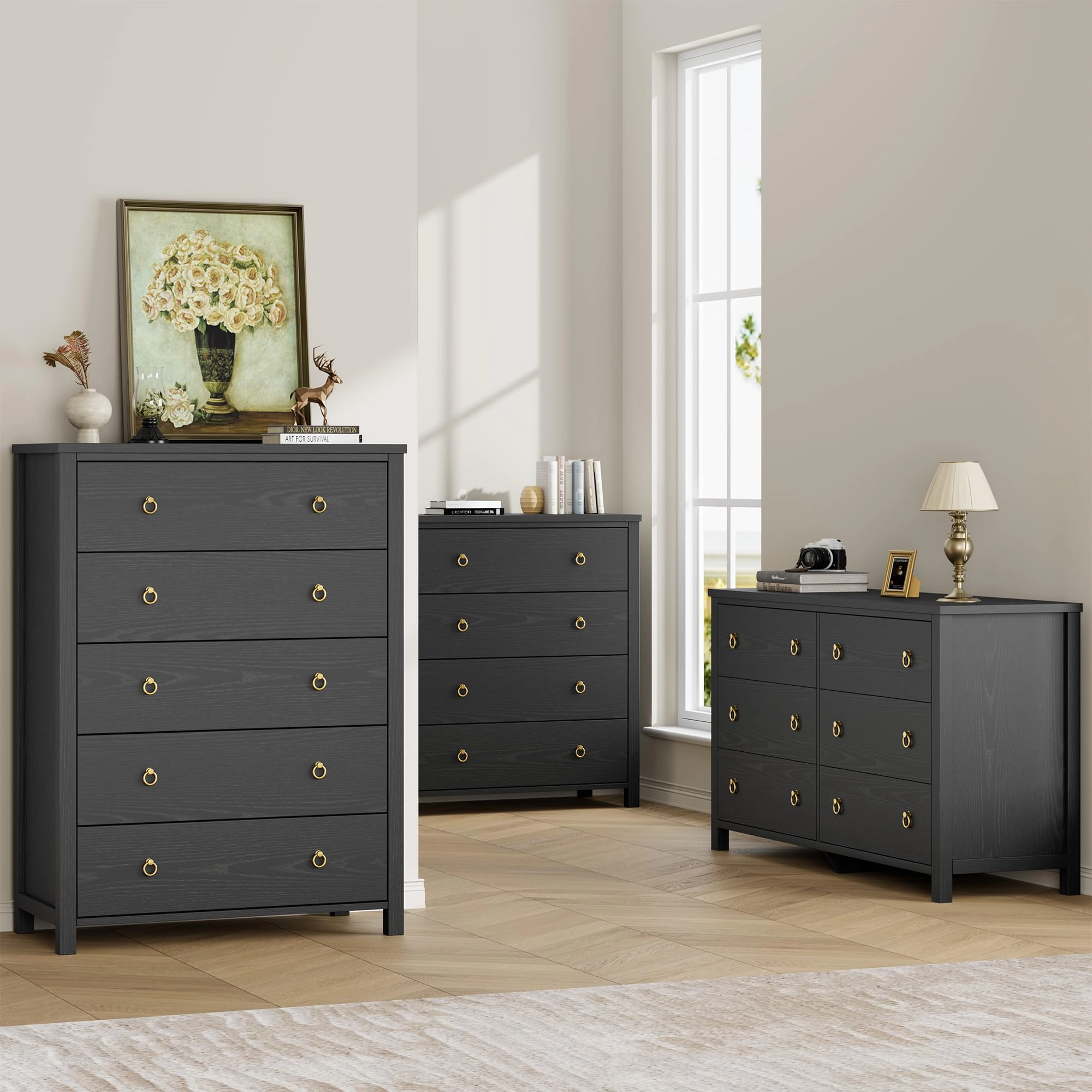 5 Drawer Modern Dresser, 45" Tall Wooden Storage Cabinet & TV Stand for Bedroom Nursery Entryway