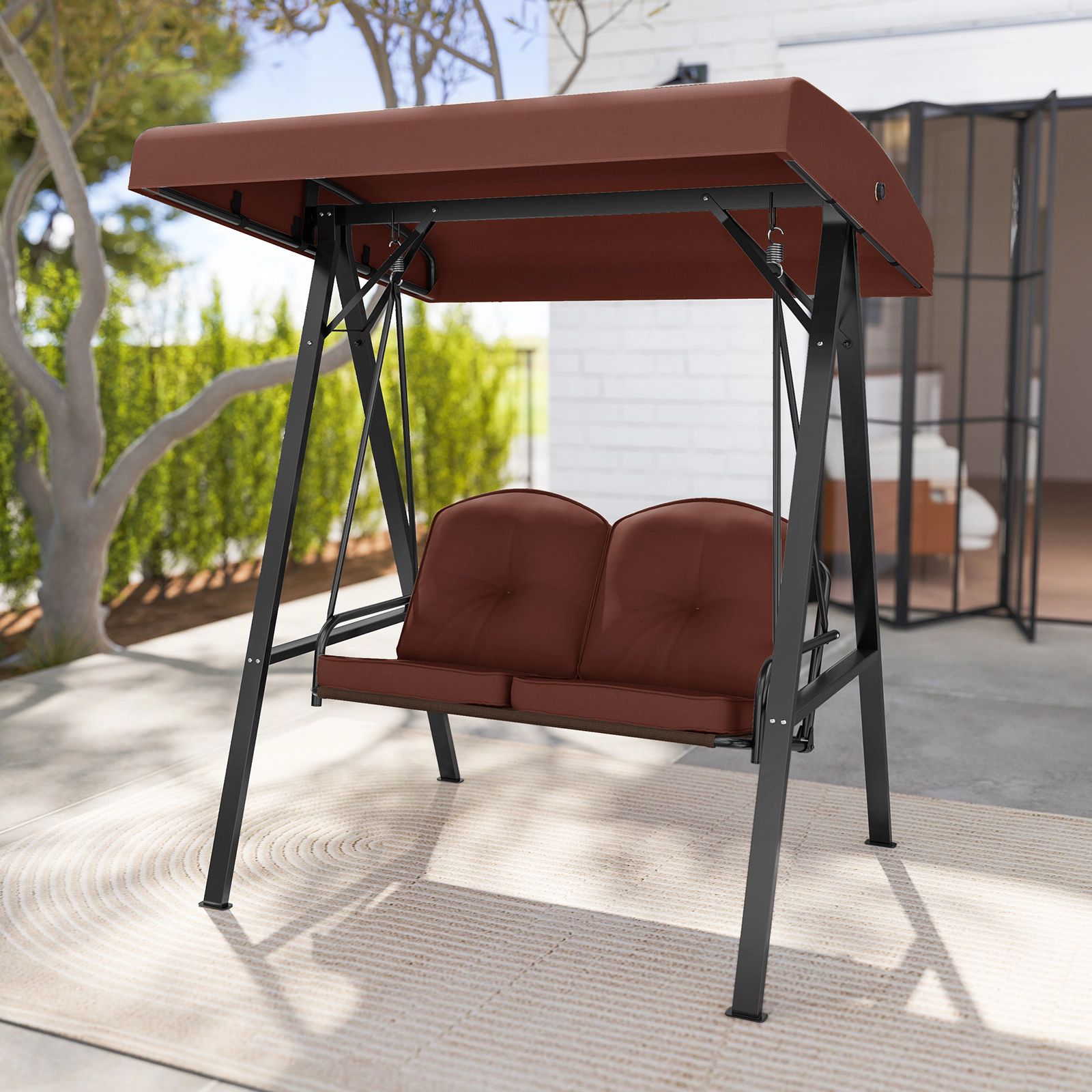 SUGIFT Brown 2-Person Outdoor Porch Swing with A-Frame Stand, Canopy and 3-Inch Cushions