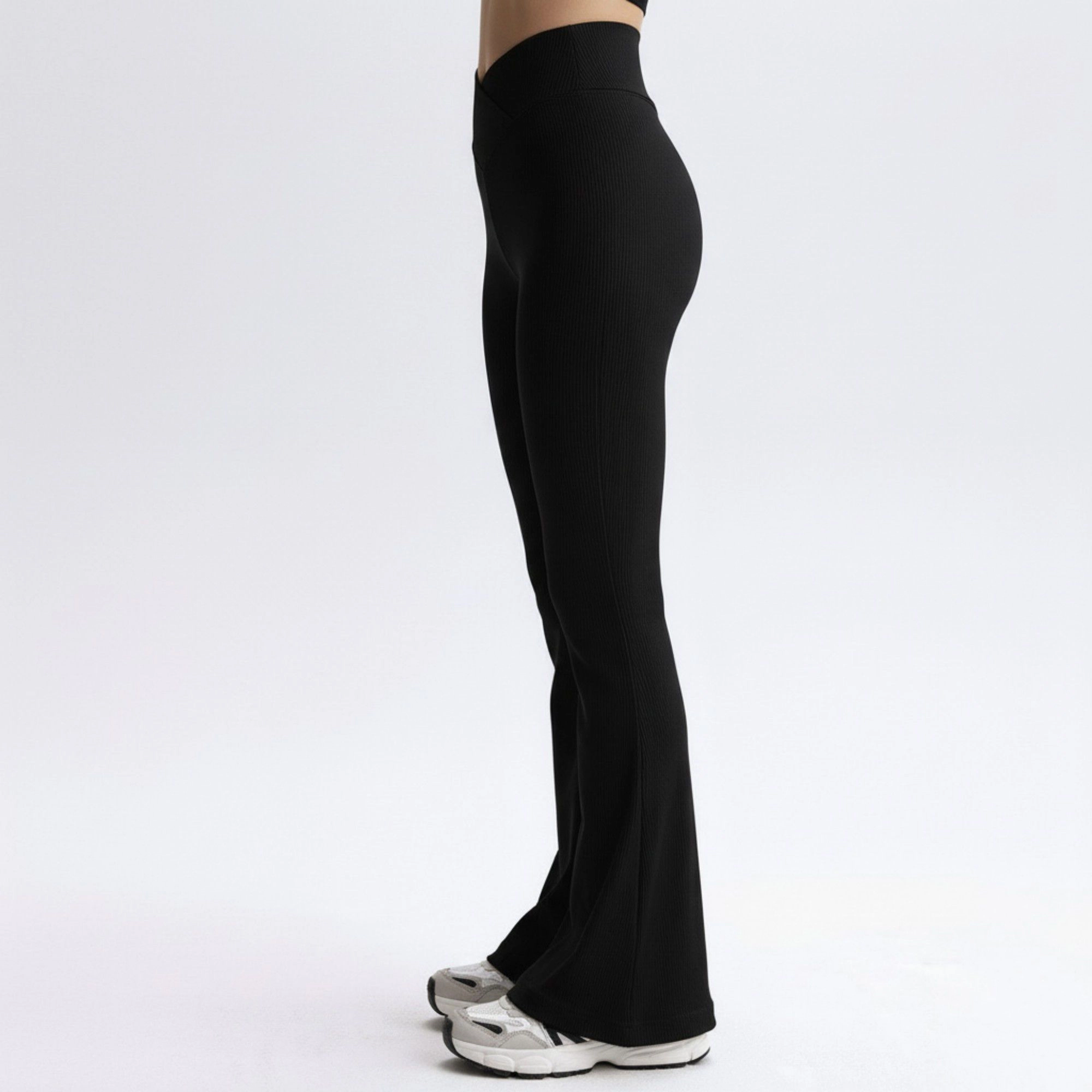 Anna-Kaci Active Women's High Waist Flare Leggings with V-Shaped Waistband and Stretch Rib Knit Fabric