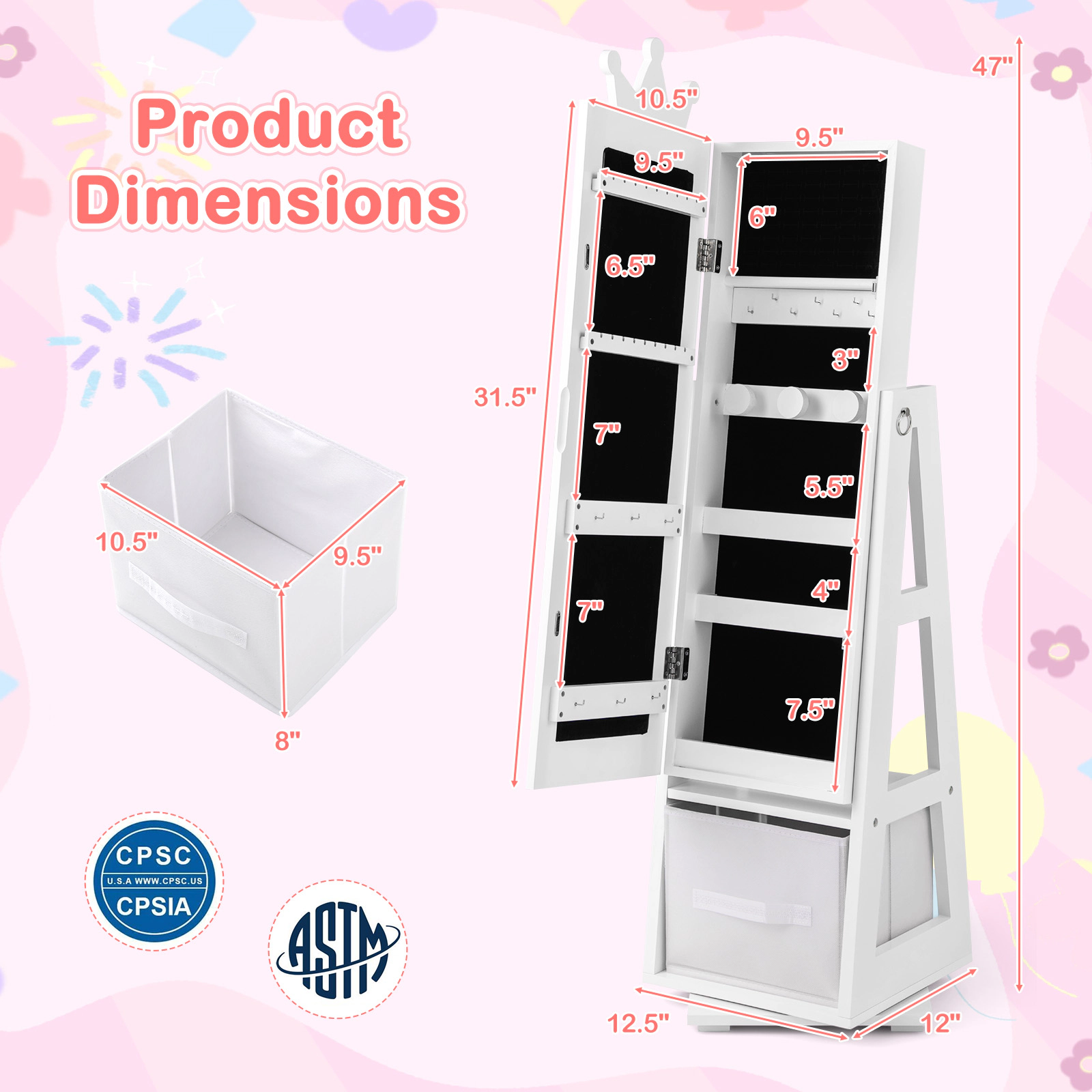 SUGIFT 46-in White Kids Jewelry Armoire with Full-Length Mirror and Swivel Cabinet for Bedroom Playroom