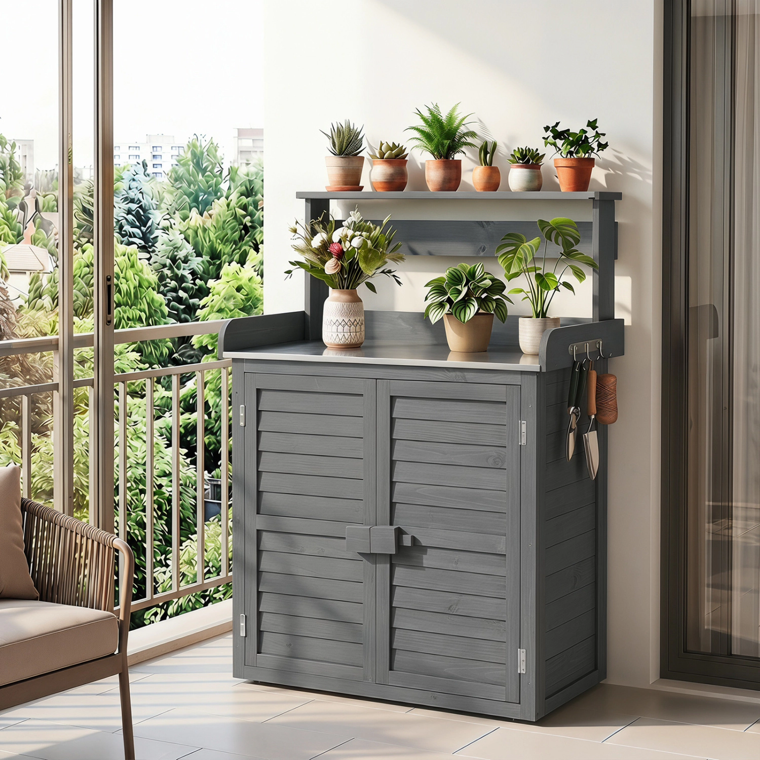 LJG Wood Plant Workstation with Stainless Steel Tabletop and Removable Shelves