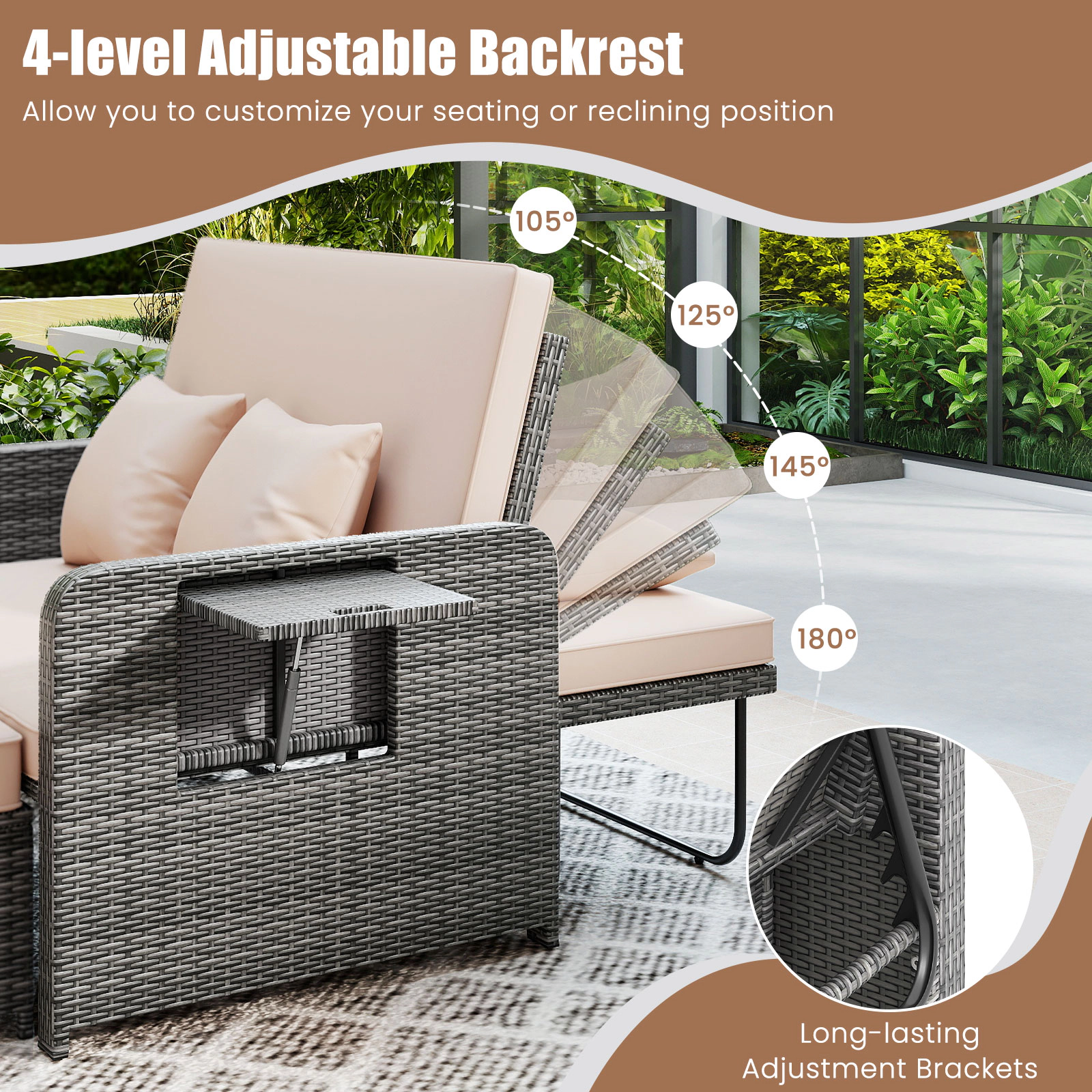 SUGIFT Beige Wicker Patio Loveseat Daybed with Adjustable Backrest, Ottoman and Trays