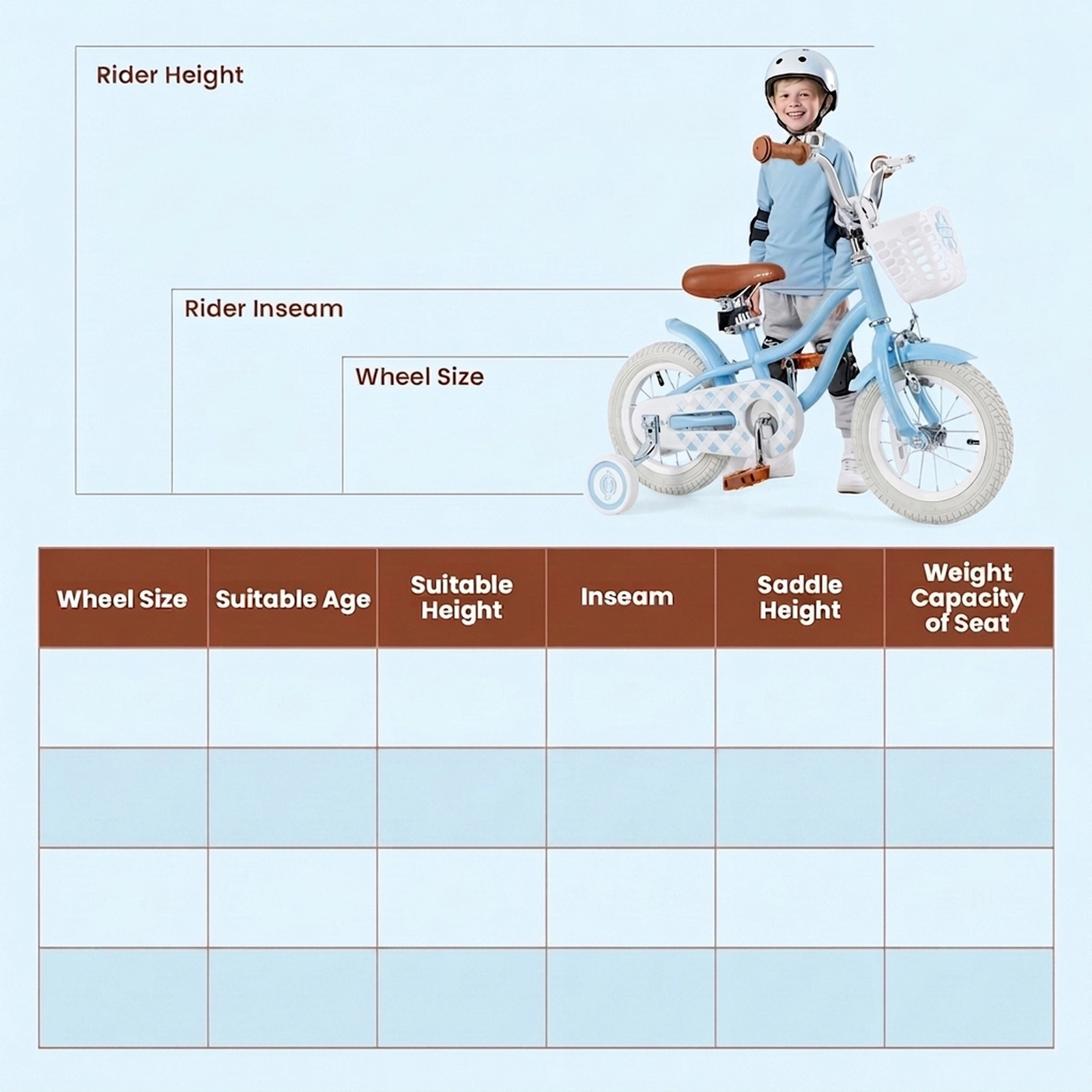 18-in Kids Bike Kickstand Removable Basket Adjustable 24-in to 28-in Saddle Training Wheels Ages 4-8 Light Blue