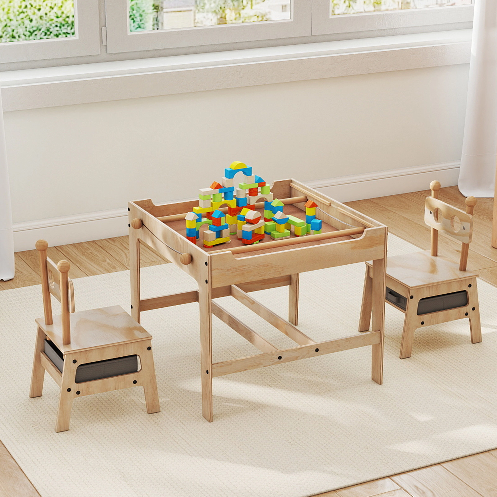 SUGIFT Kids Table and 2 Chairs Set Natural Robot-Shaped with Reversible Whiteboard
