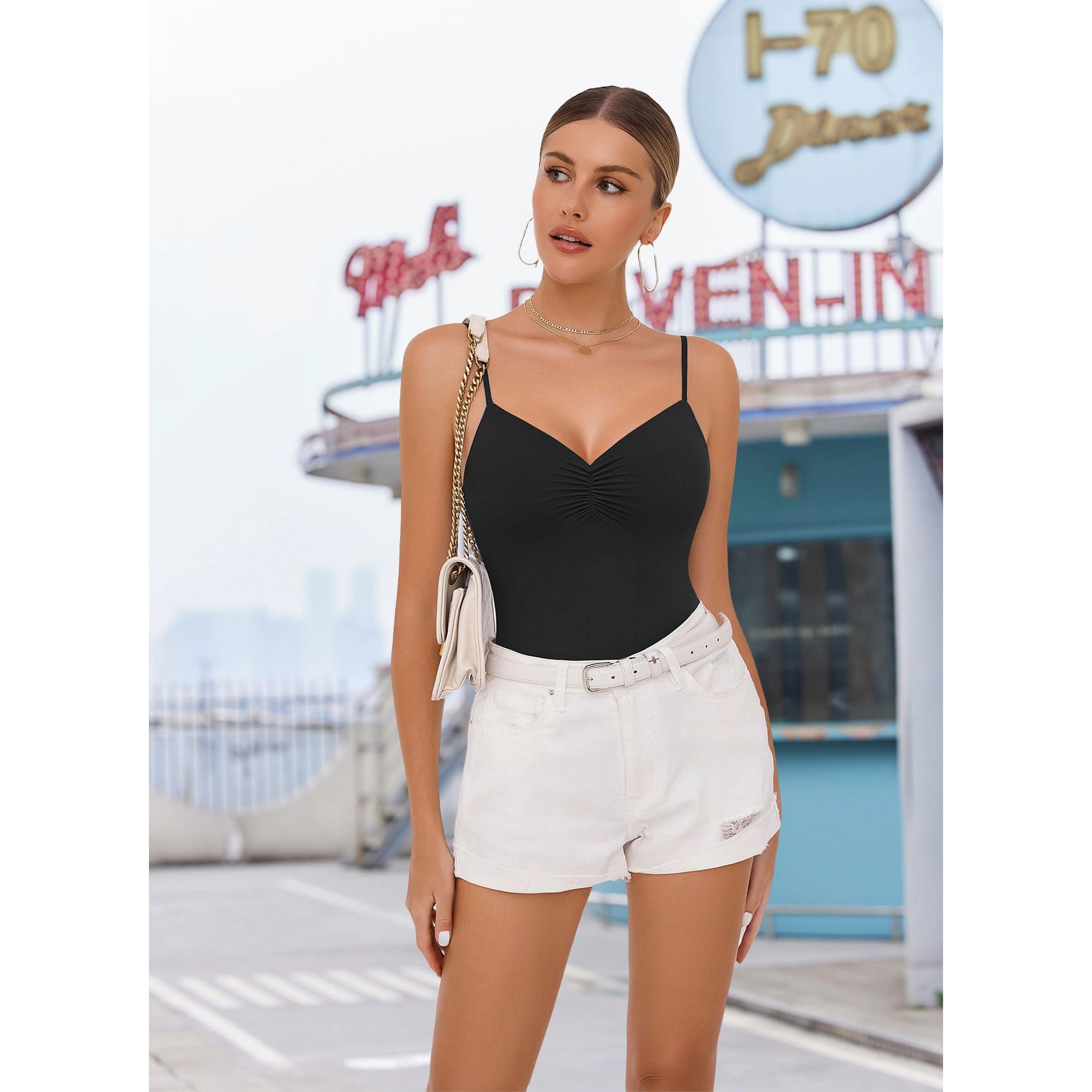 Avidlove Women's Ruched V Neck Backless Double Lined Cami Bodysuit
