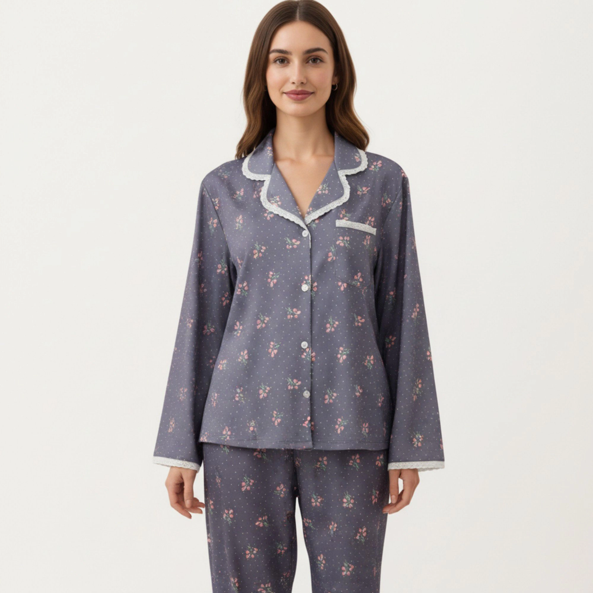 Anna-Kaci Women's 2-Piece Floral Print Pajama Top with Button Front and Trim Details Paired Matching Pants