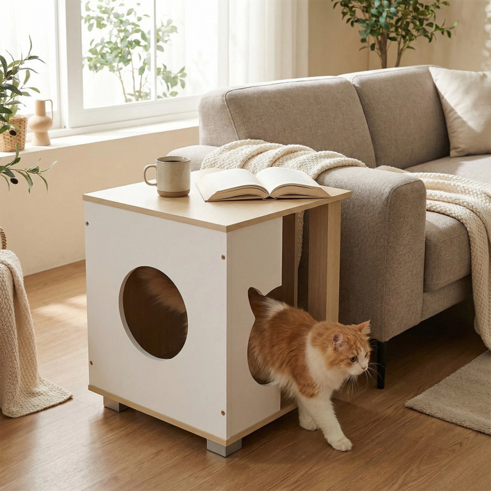 SUGIFT 44-lb Capacity Wooden Semi-Enclosed Cat Bed Side Table with Cat Head Entry and Metal Legs