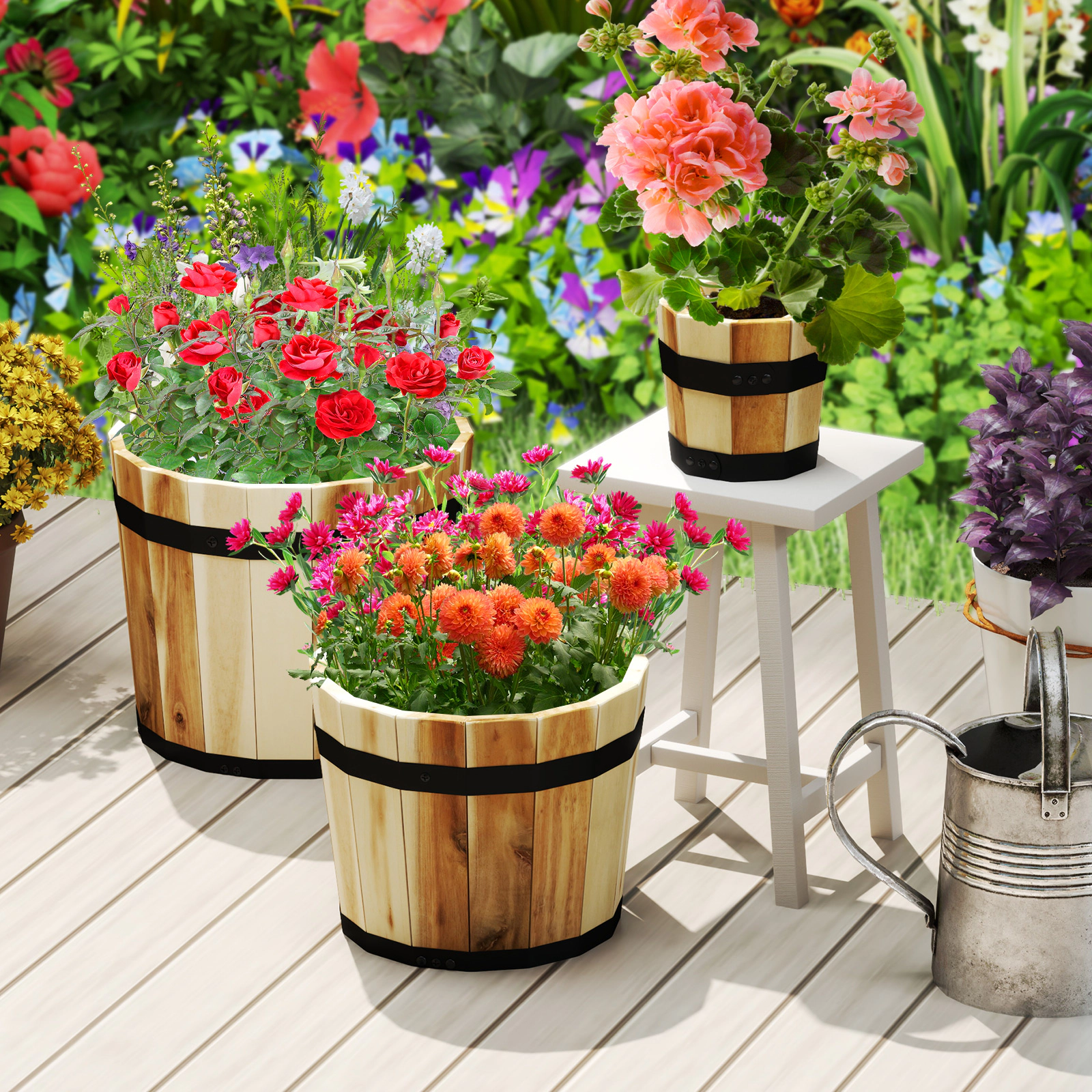 SlickBlue Set of 3 Wooden Whiskey Barrel Planters for Indoor and Outdoor Garden