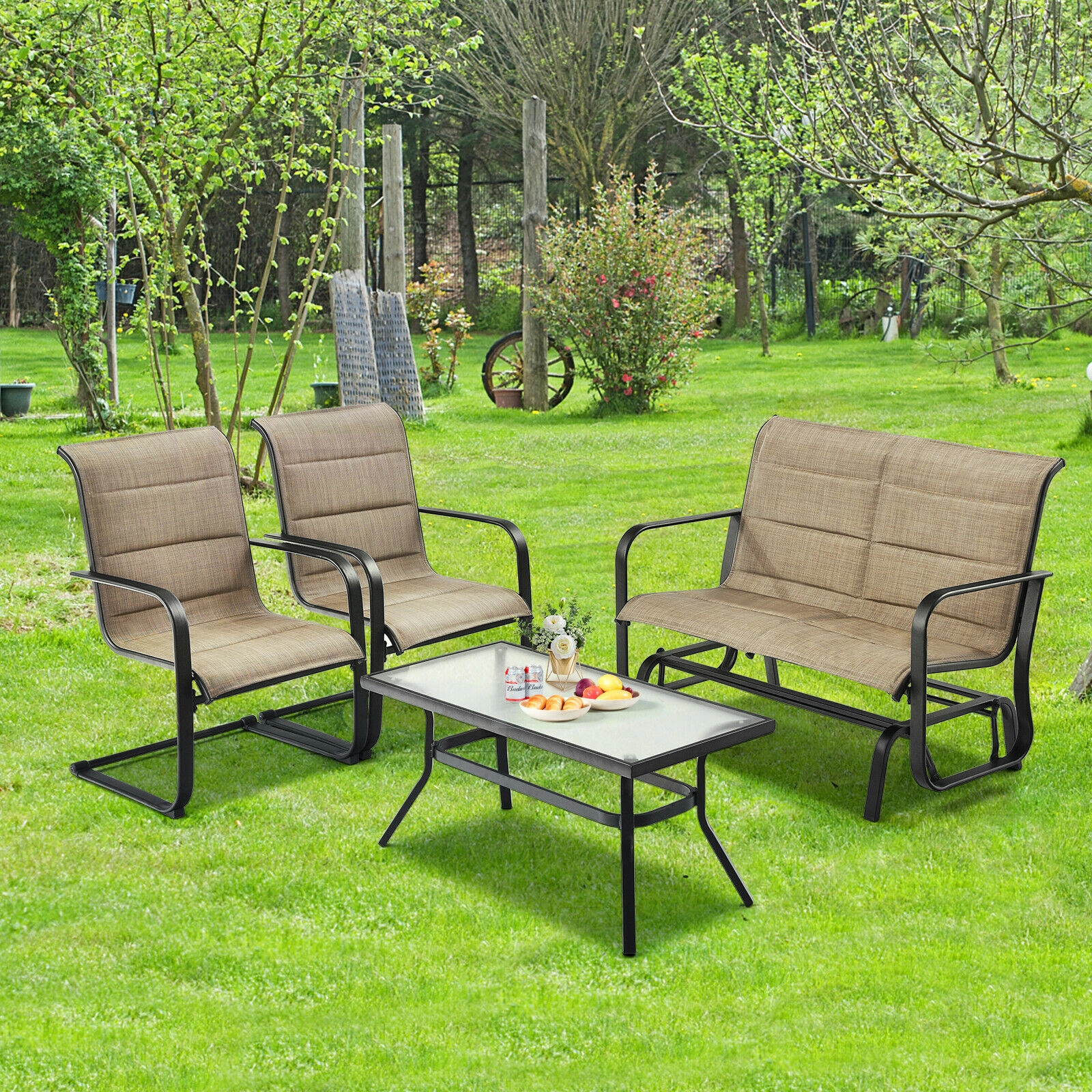 LJG 4 Pieces Outdoor Patio Furniture Set with Padded Glider Loveseat and Coffee Table