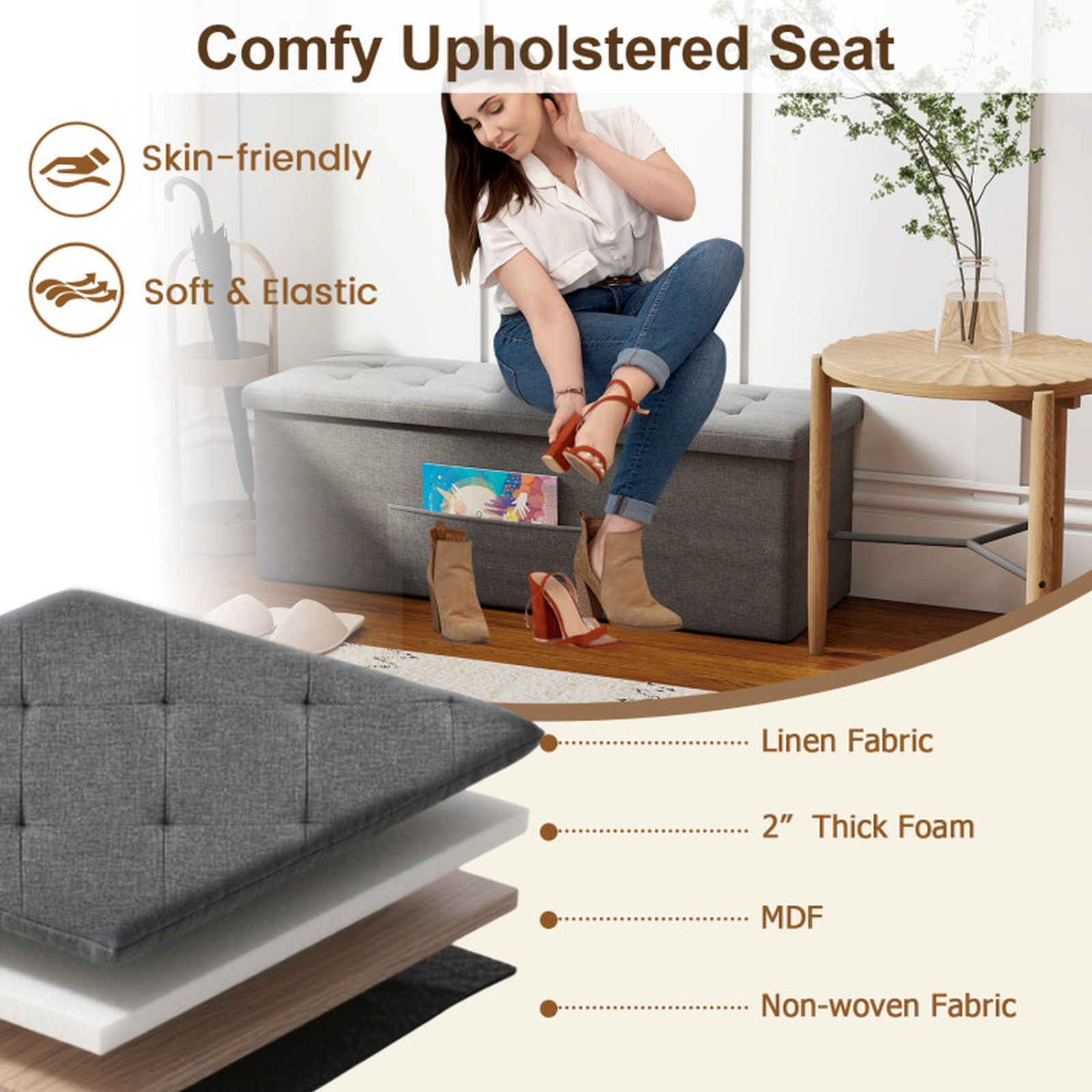 SUGIFT Folding Storage Ottoman Bench Padded Seat 660-lb Capacity End of Bed Bench with Storage Compartments Dark Gray