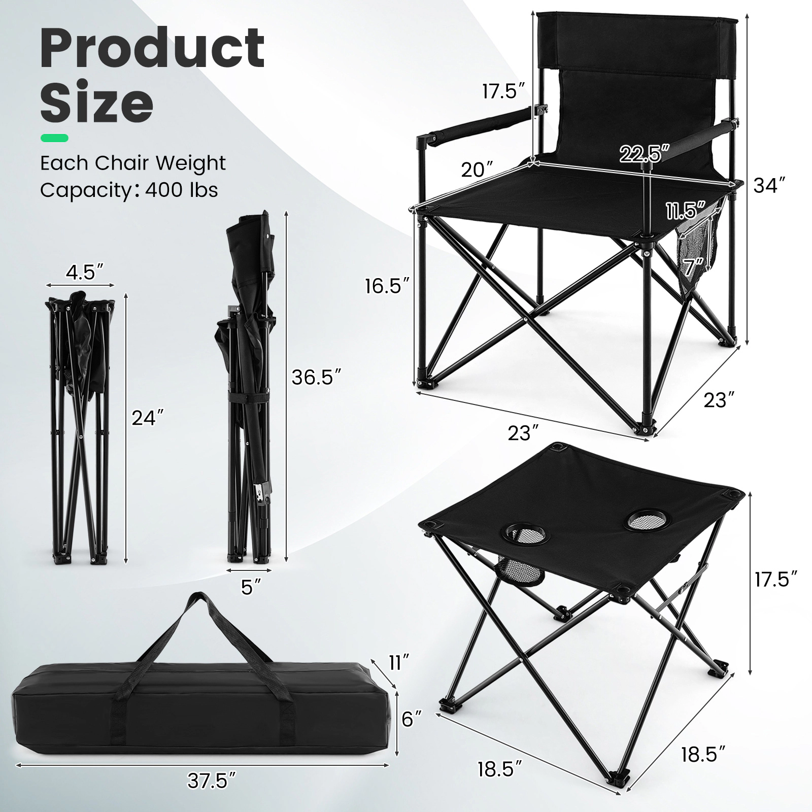 SUGIFT 400-lb Capacity Folding Camping Chairs and Table Set with Cup Holder Side Pockets and Carry Bag