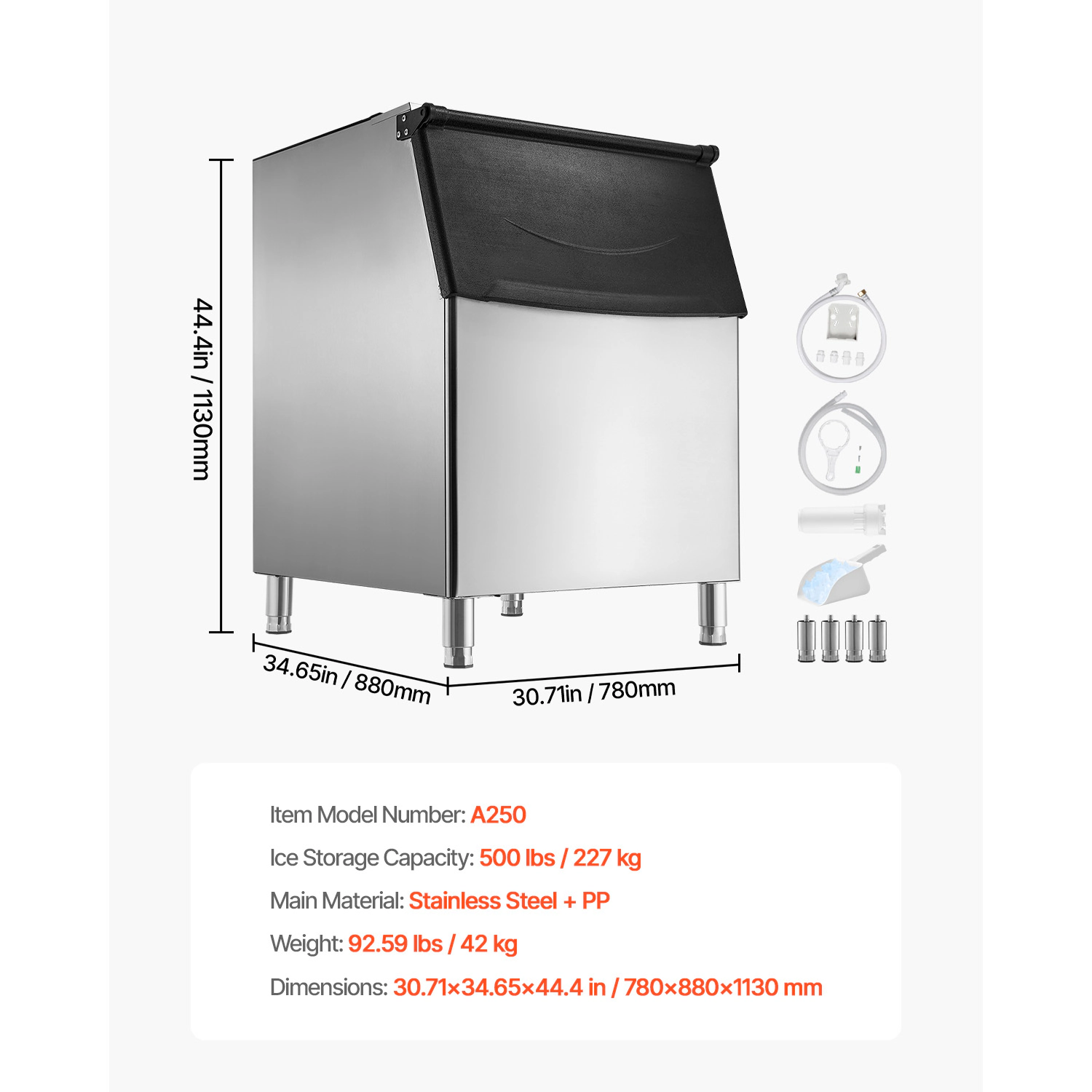 HONGGE Commercial Ice Maker Storage Bin Ice-Bin Stainless Steel Commercial Ice Storage Bin with Adjustable Anti-slip