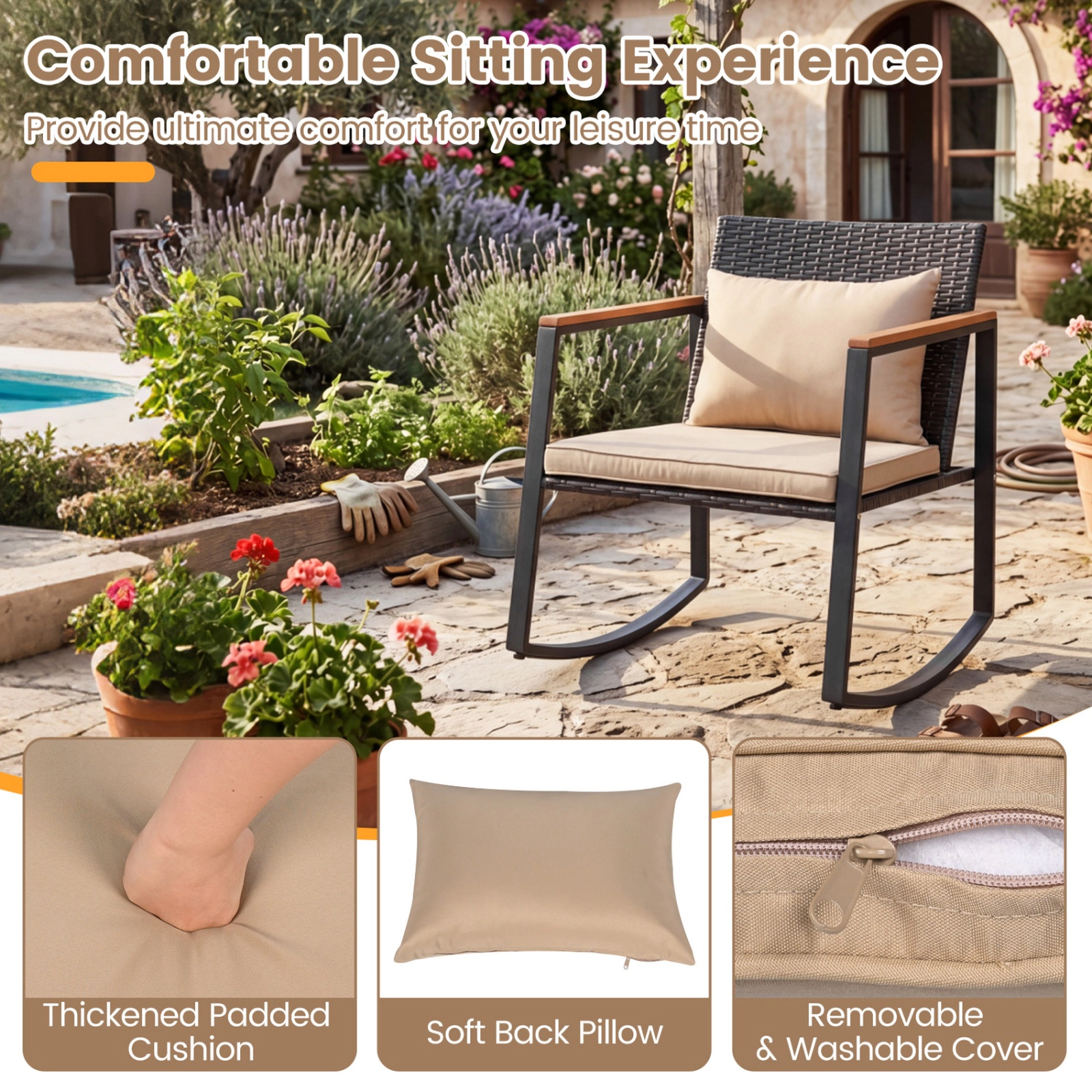 SUGIFT Outdoor Rocking Conversation Bistro Set with Cushions & Tempered Glass Table 397-lb Chair Capacity Brown & Black