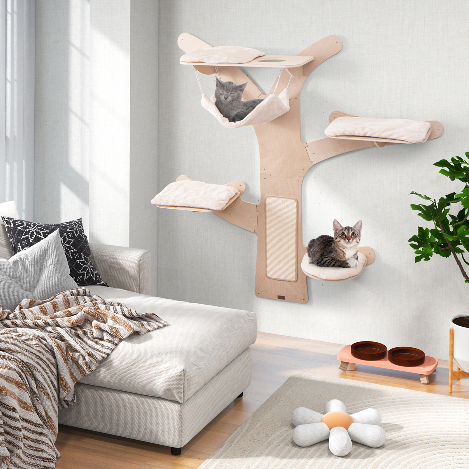 SUGIFT 71-in Wall-Mounted Cat Shelves Climbing Tower with Hammock 4 Padded Platforms and Sisal Mat