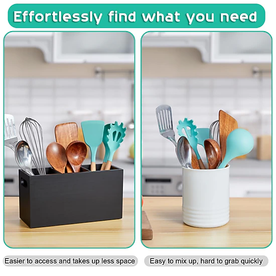 WZK Wooden 3 Compartment Kitchen Utensil Holder