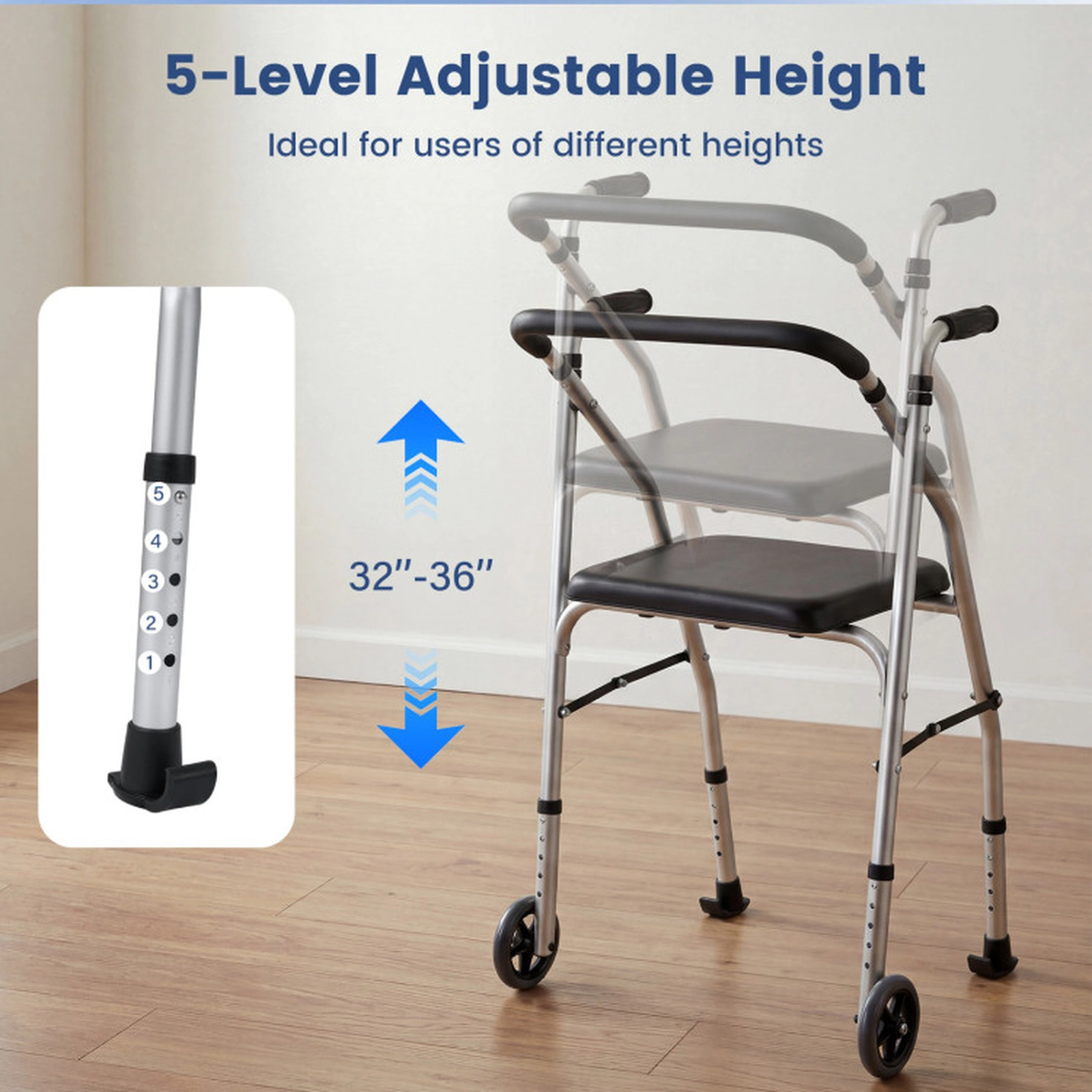 SUGIFT Lightweight Folding Walker Chair with Padded Seat 220-Lb Capacity 5-Level Height Adjustable Black/Silver