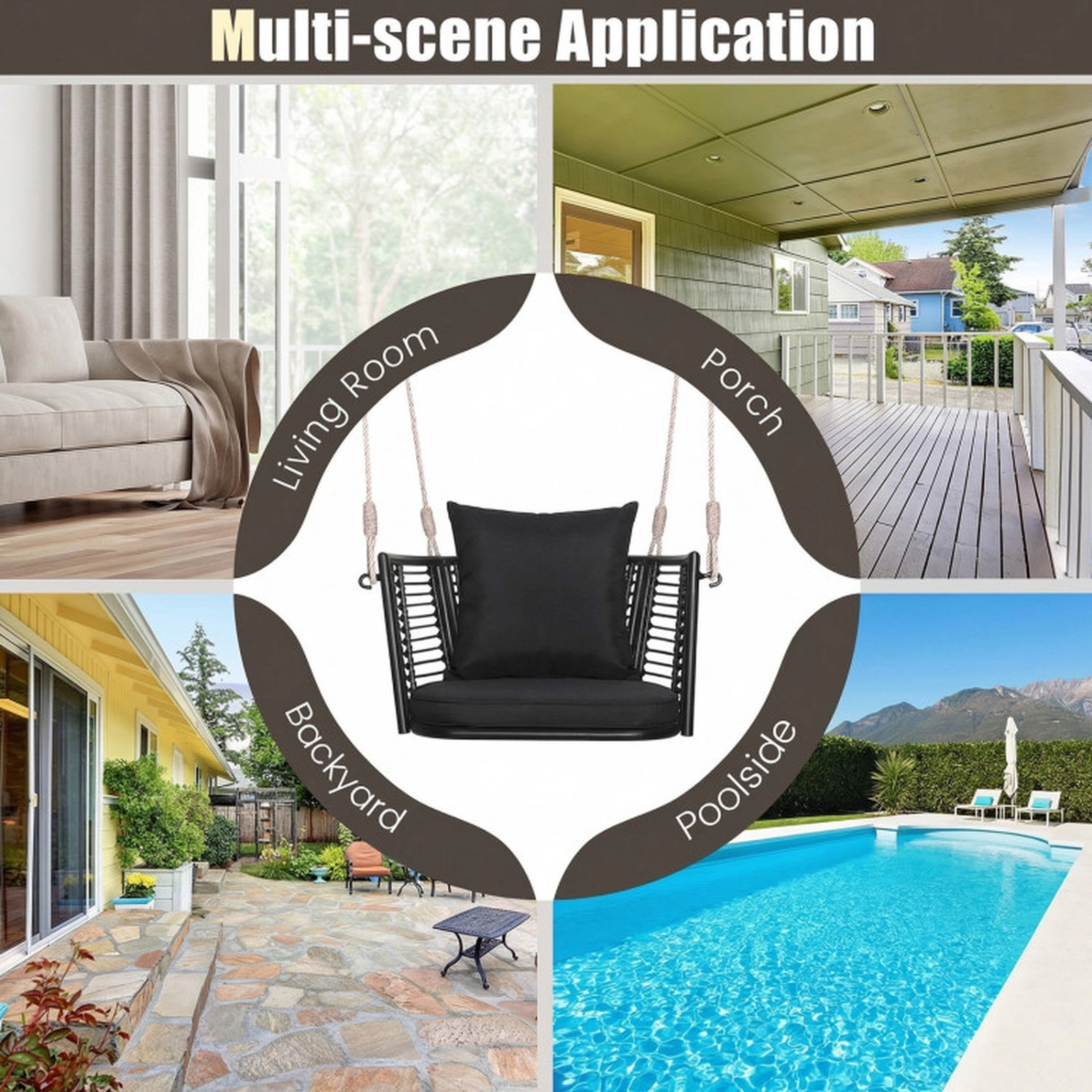 SUGIFT Black PE Rattan Porch Swing Chair with Zippered Cushions 30.5-in W 24.5-in D 15-in H 400-lb Seat Capacity