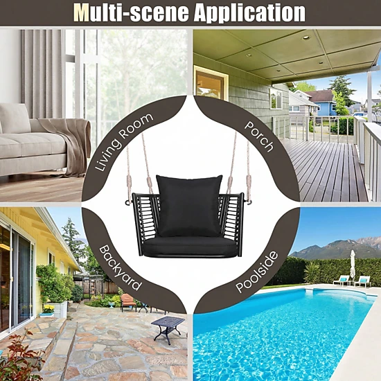 SUGIFT Black PE Rattan Porch Swing Chair with Zippered Cushions 30.5-in W 24.5-in D 15-in H 400-lb Seat Capacity